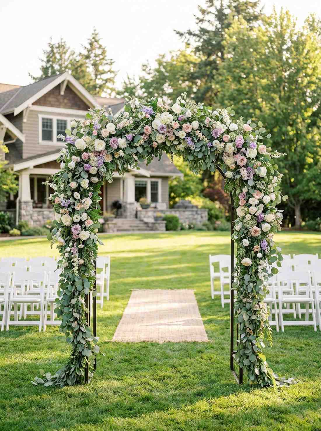 floral archway with seasonal blooms