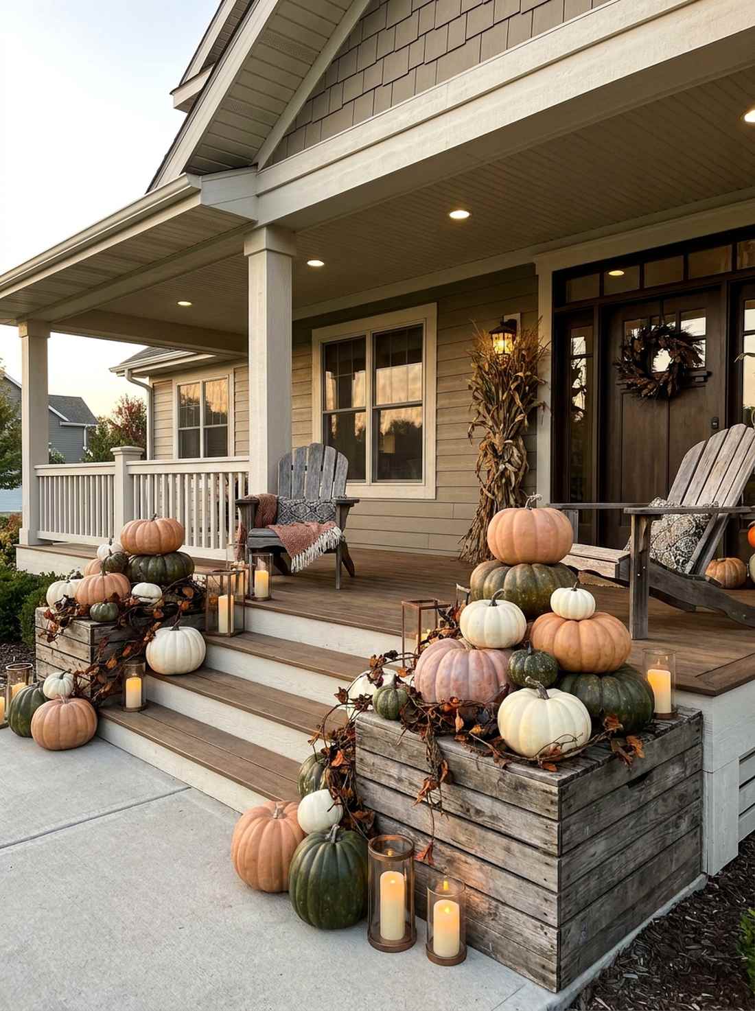 haunted front porch with layered pumpkins