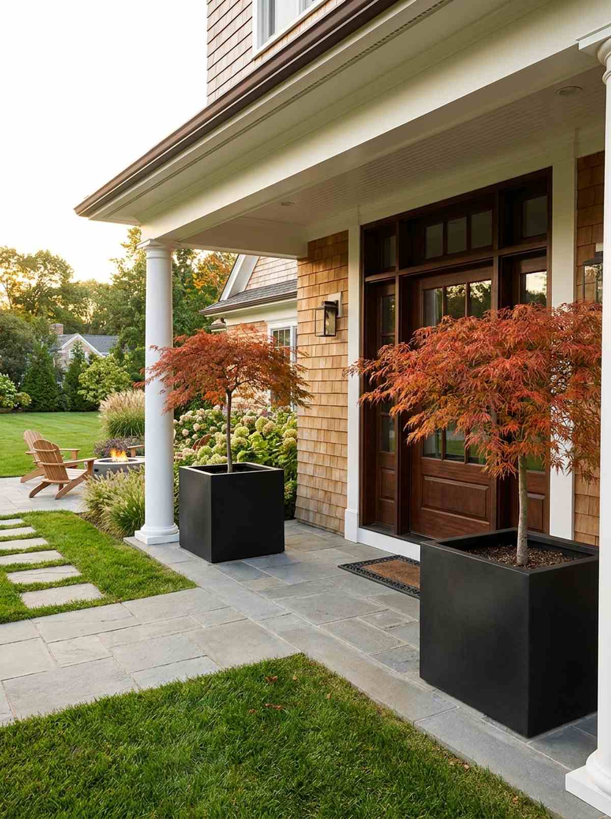 oversized cube planters with japanese maple