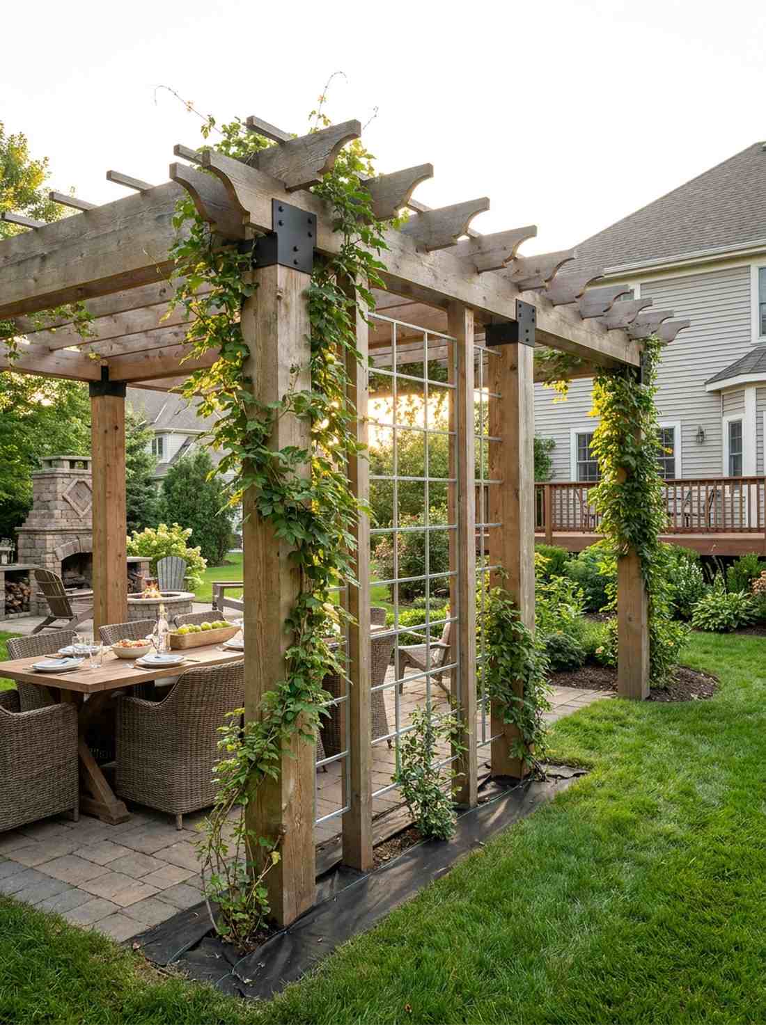 pergola columns with climbing framework