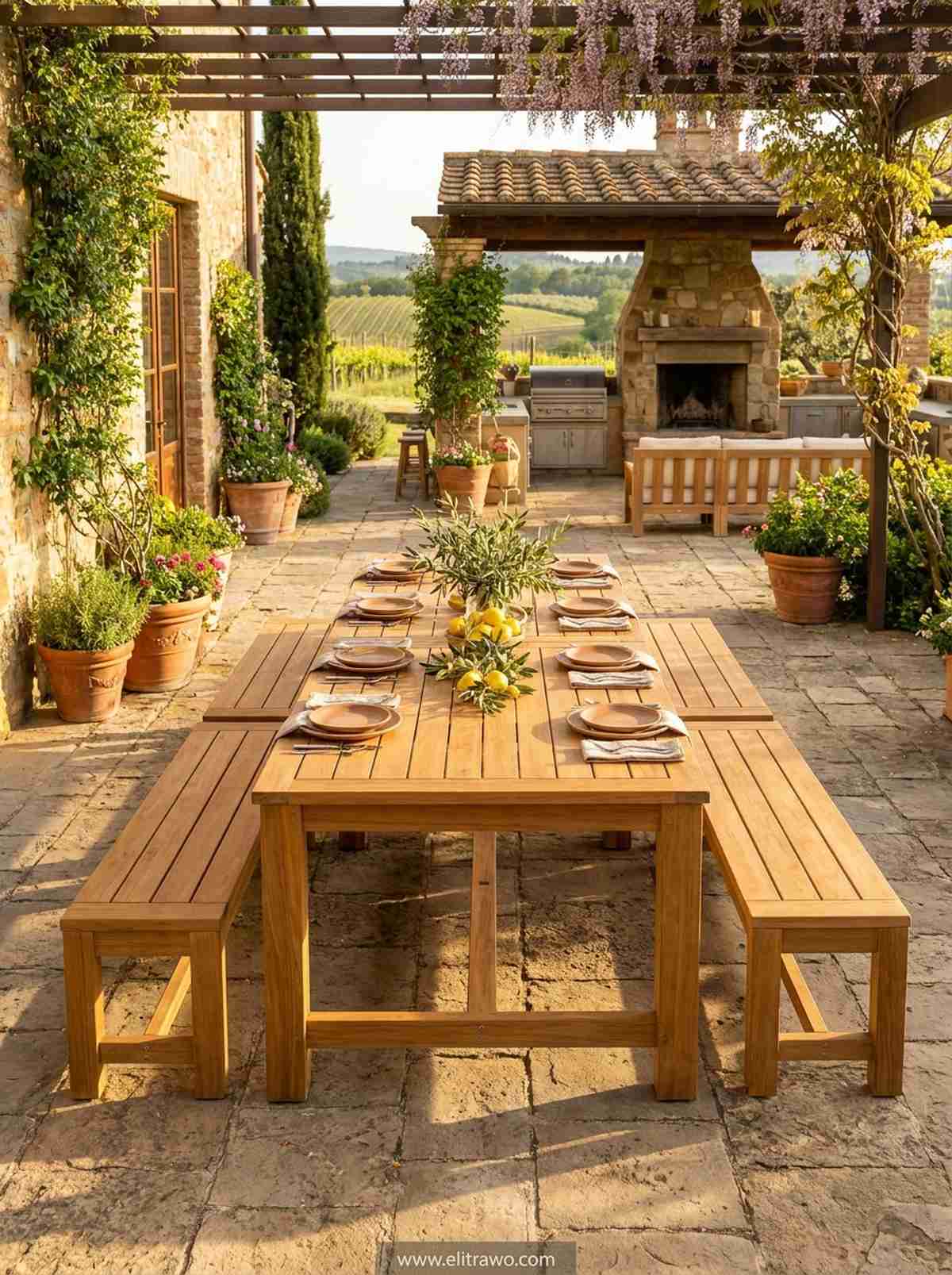 rectangular teak table with bench seating