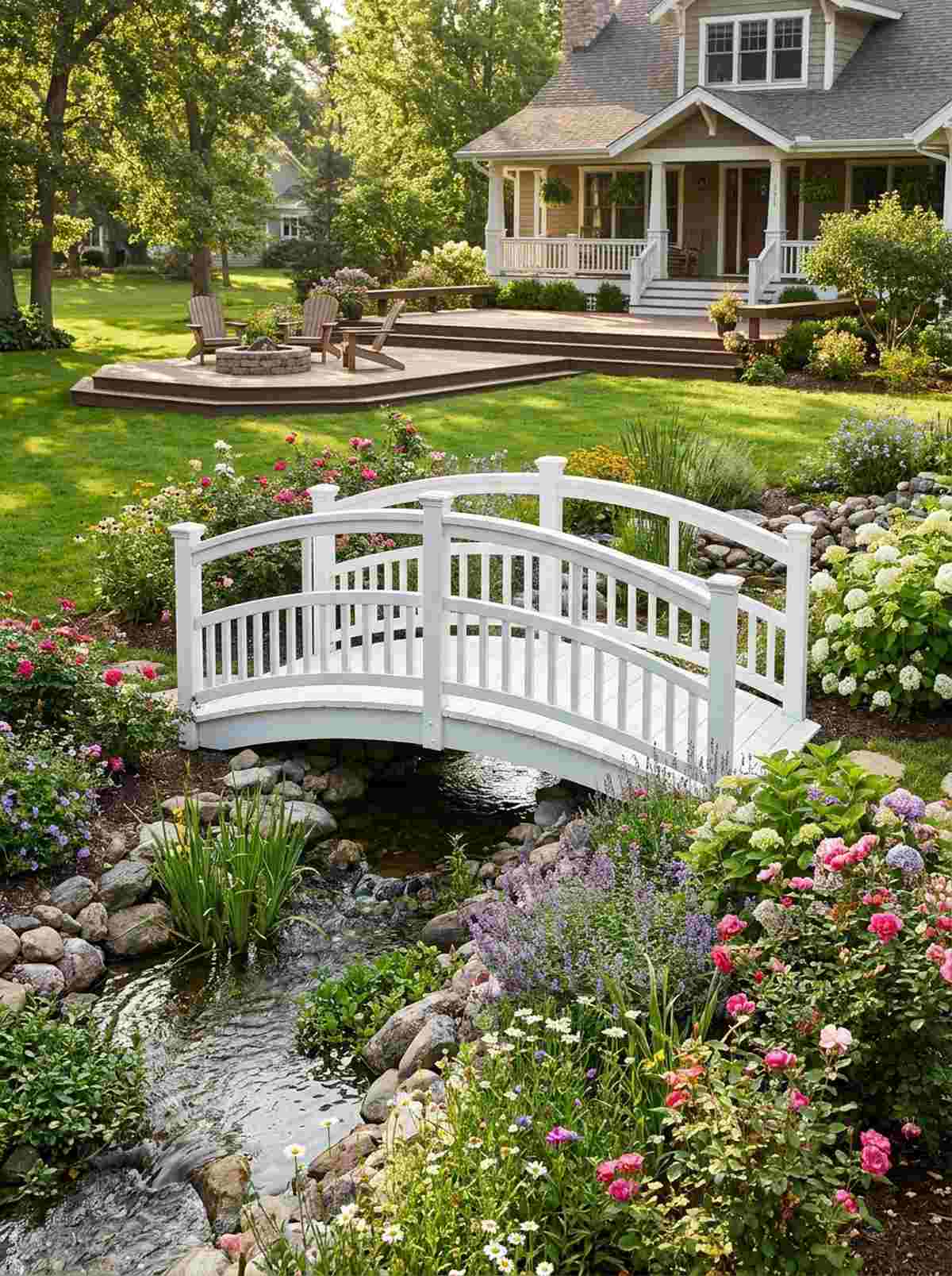 traditional white arched garden bridge