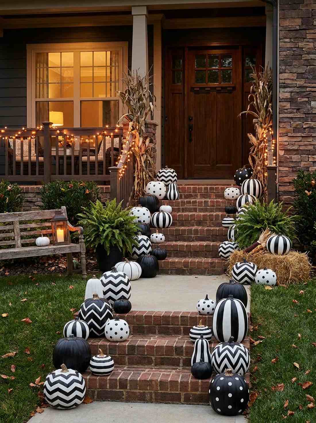 black and white pumpkin staircase