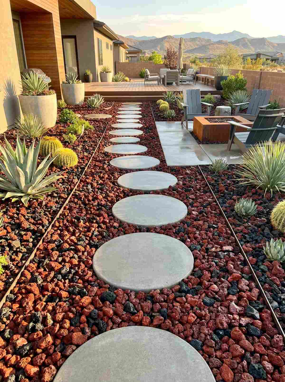 lava rock with concrete stepping stones