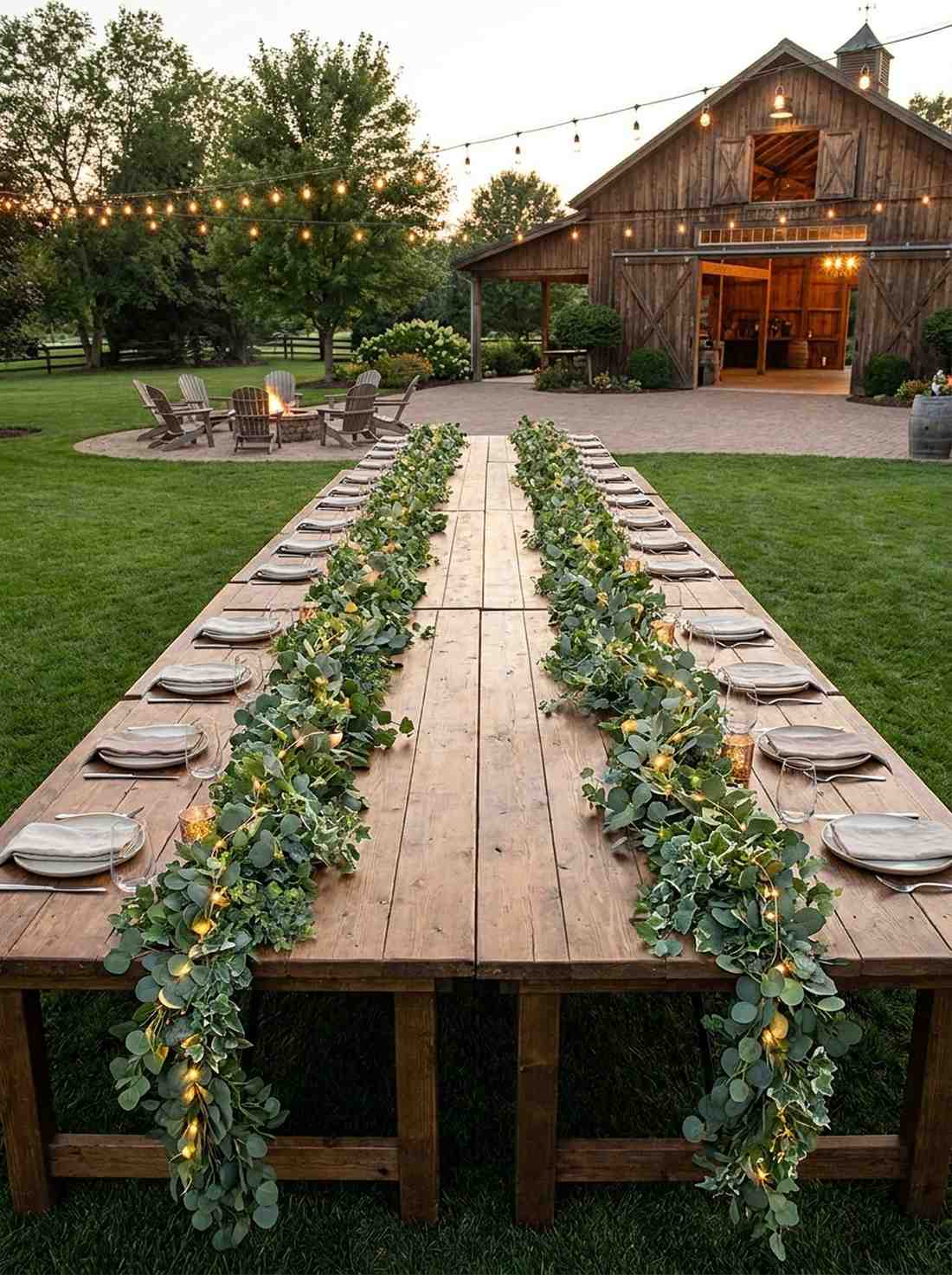 long farm tables with greenery runners