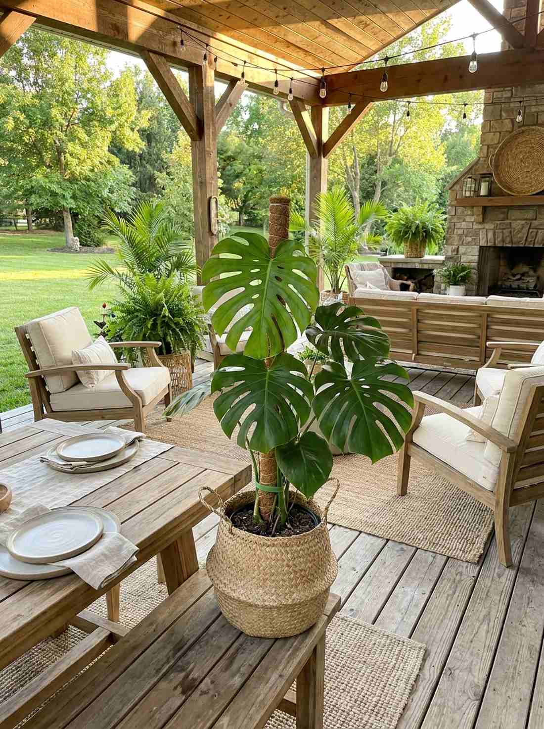 monstera in rattan baskets