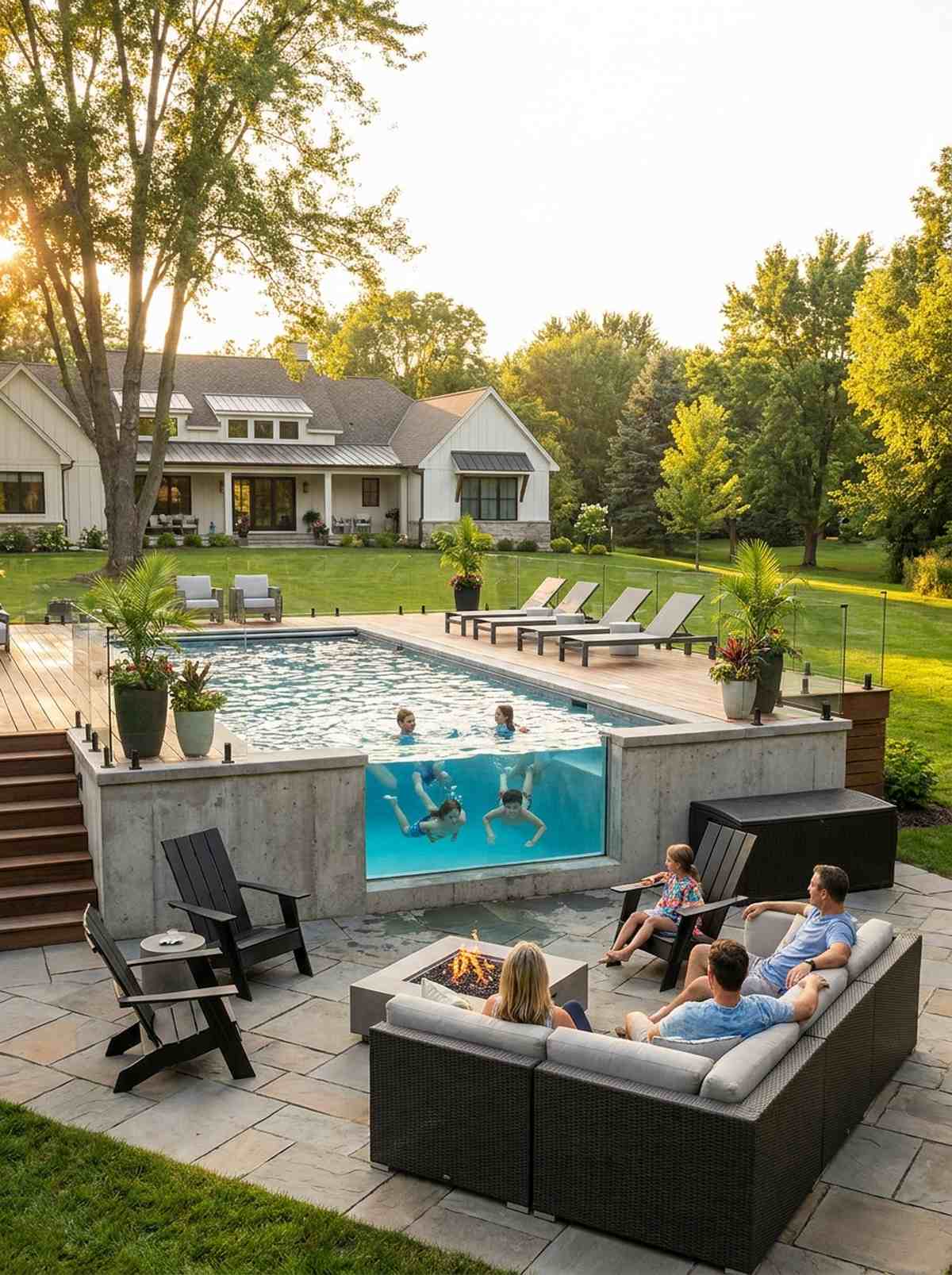 raised pool deck with underwater viewing window