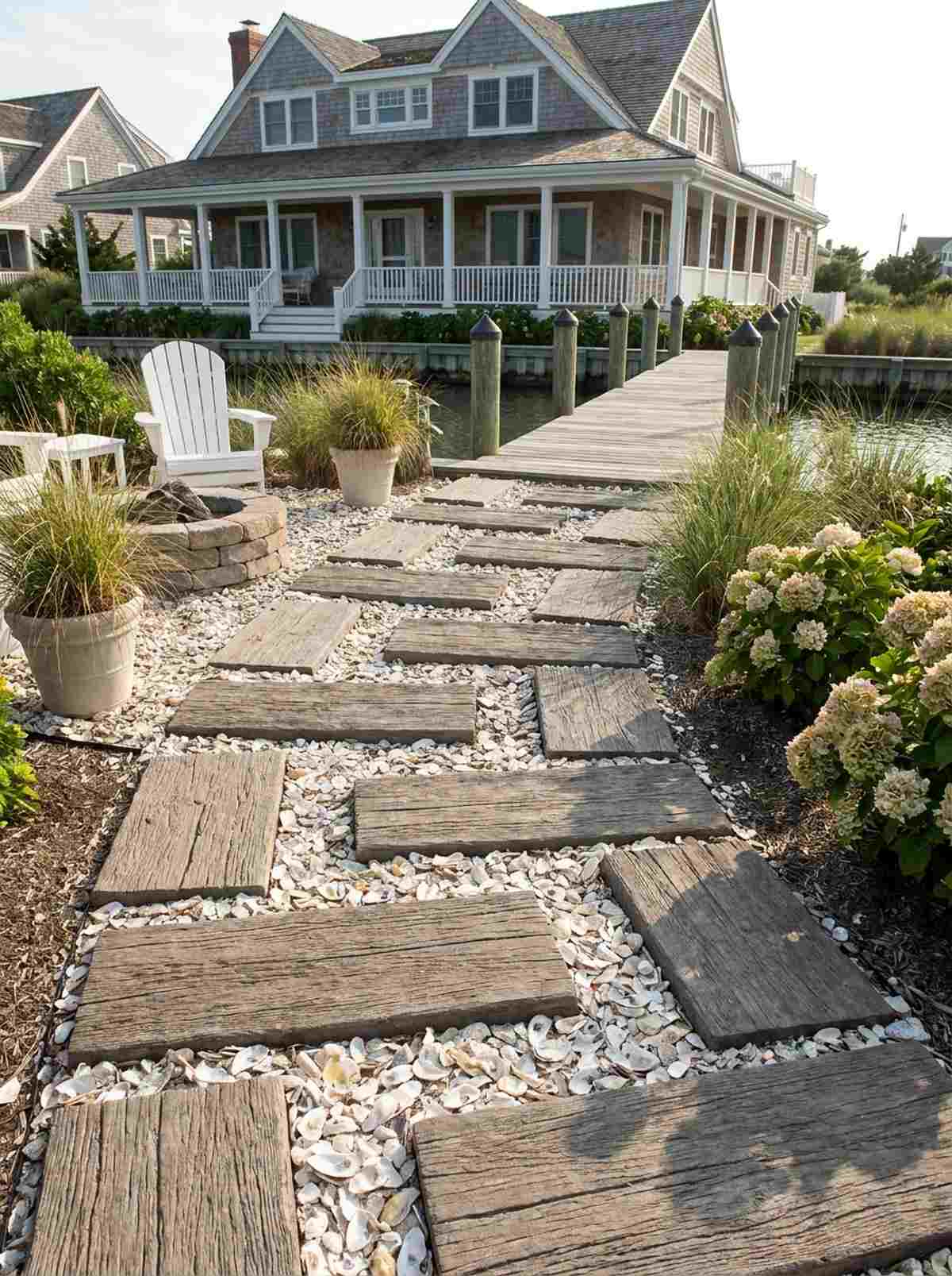 crushed oyster shell with weathered wood pavers