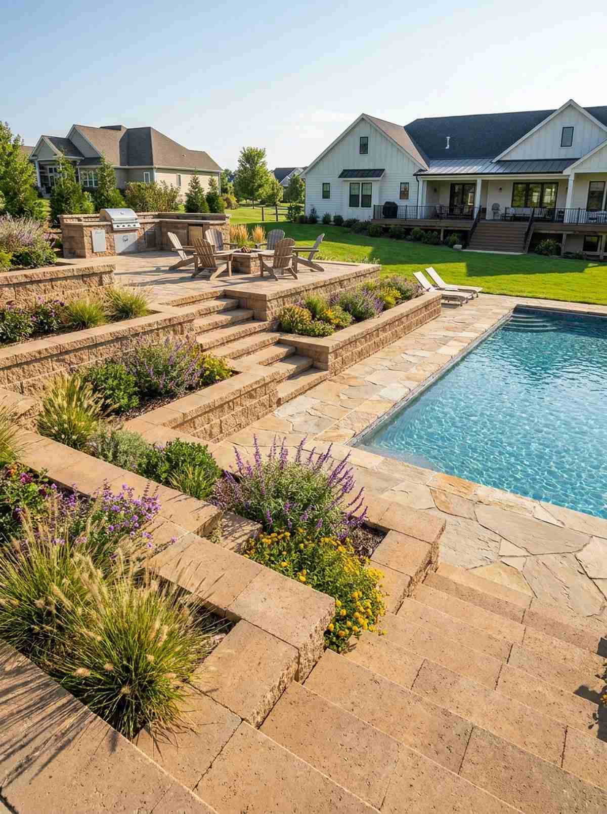 stepped patio tiers descending to pool edge