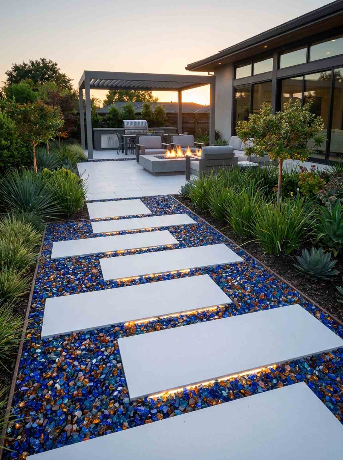 glass mulch with porcelain pavers