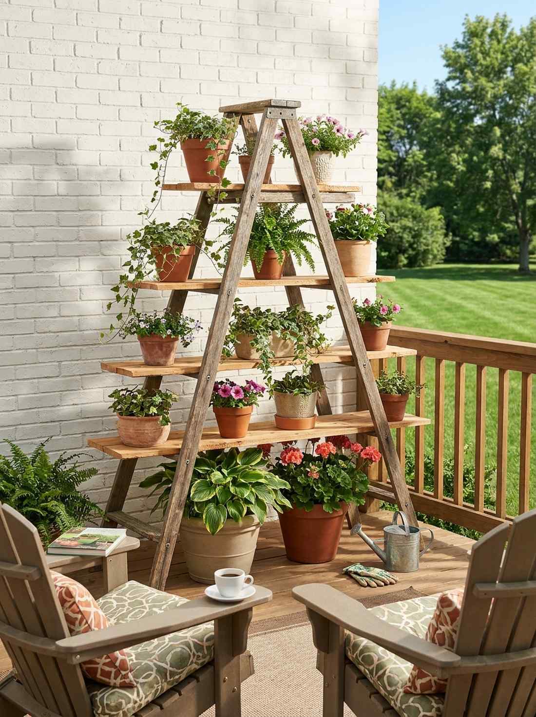 weathered wooden ladder plant stand