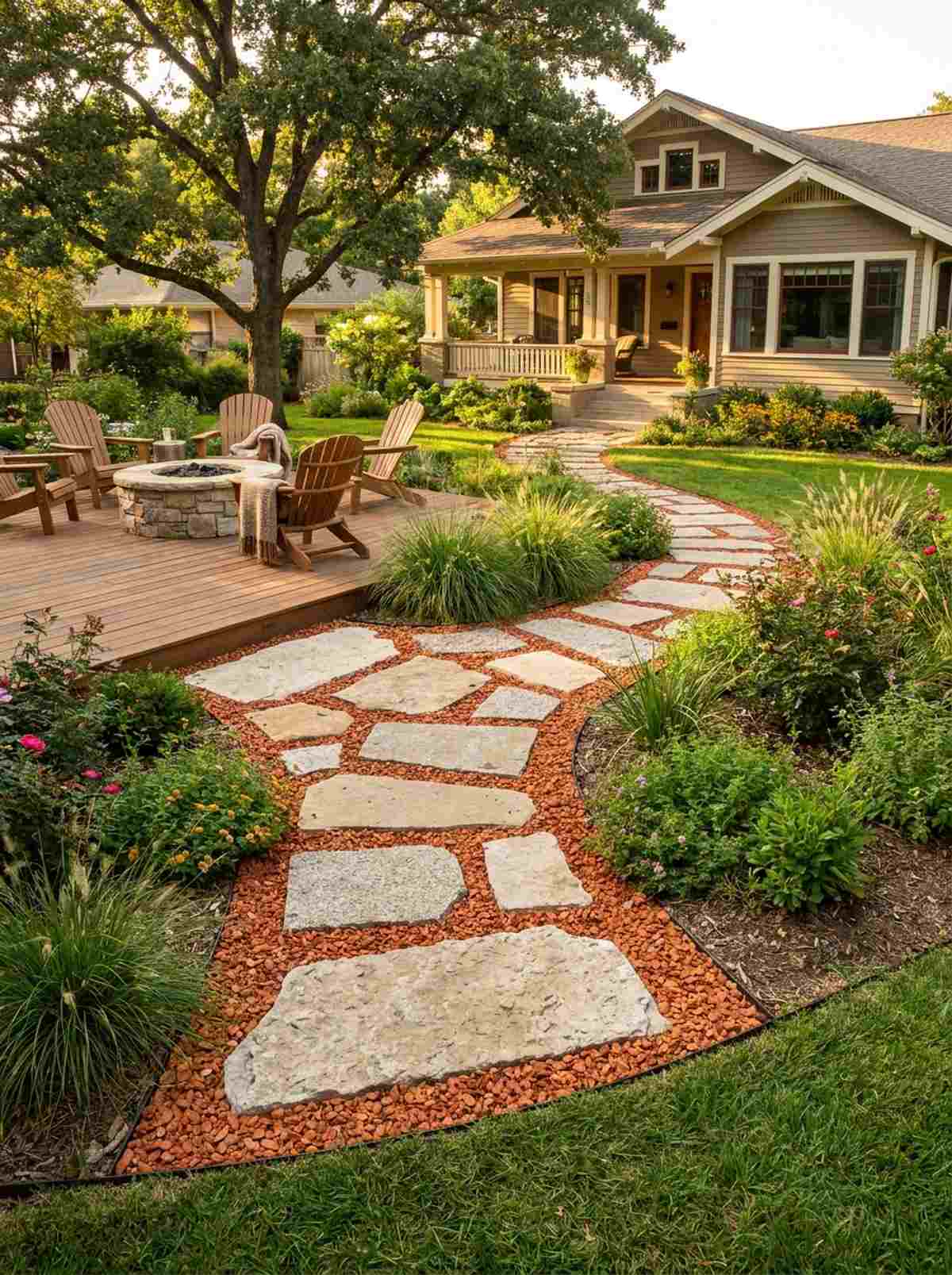 brick chips with reclaimed stone pavers