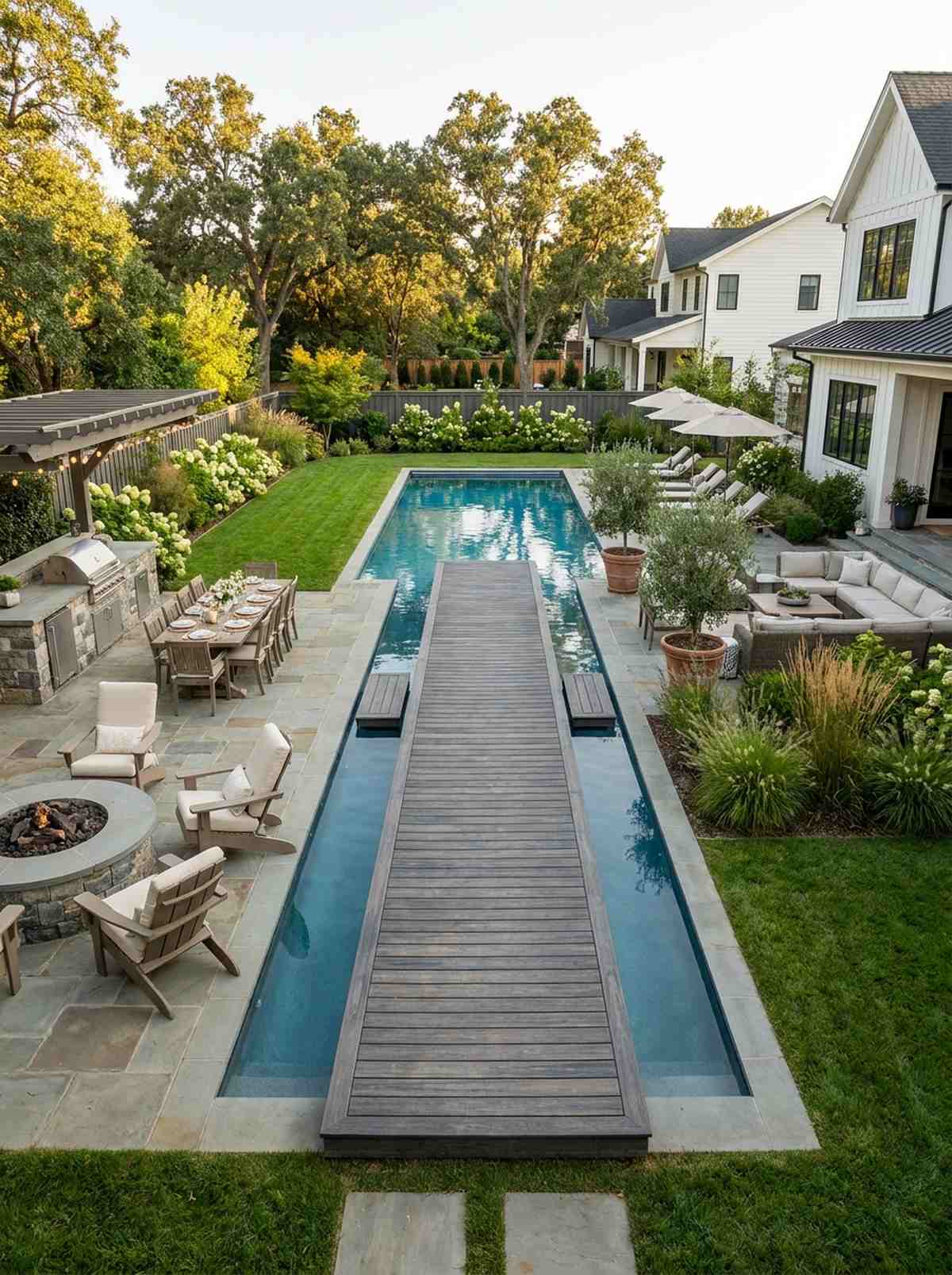bridge walkway connecting dual patios over pool