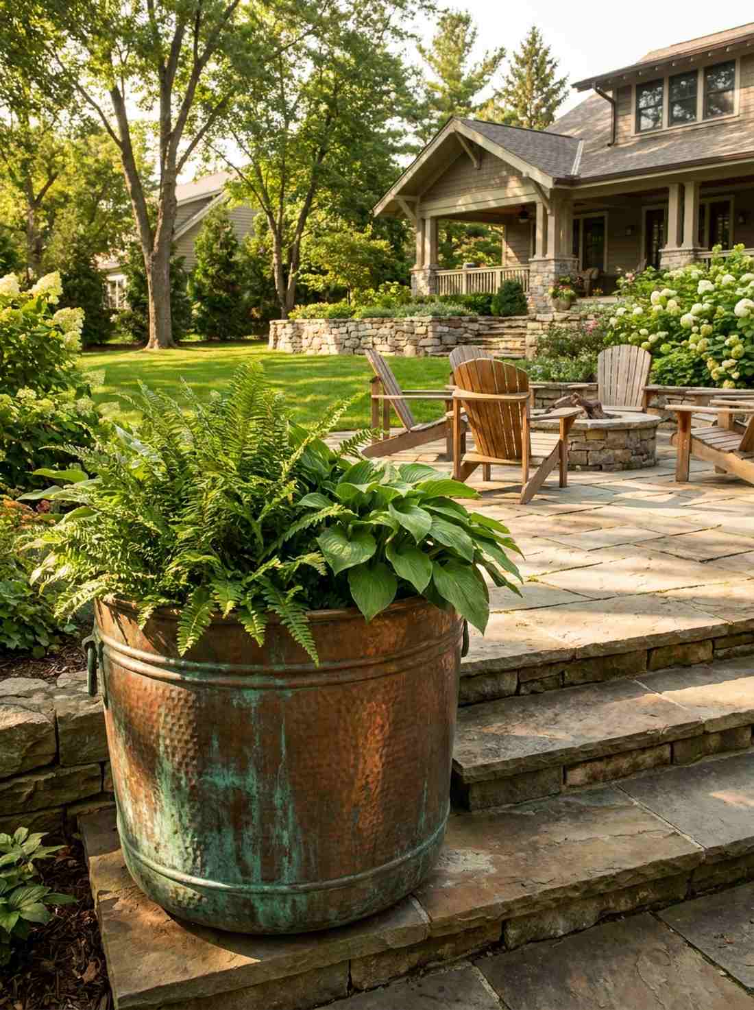 copper garden planter with patina