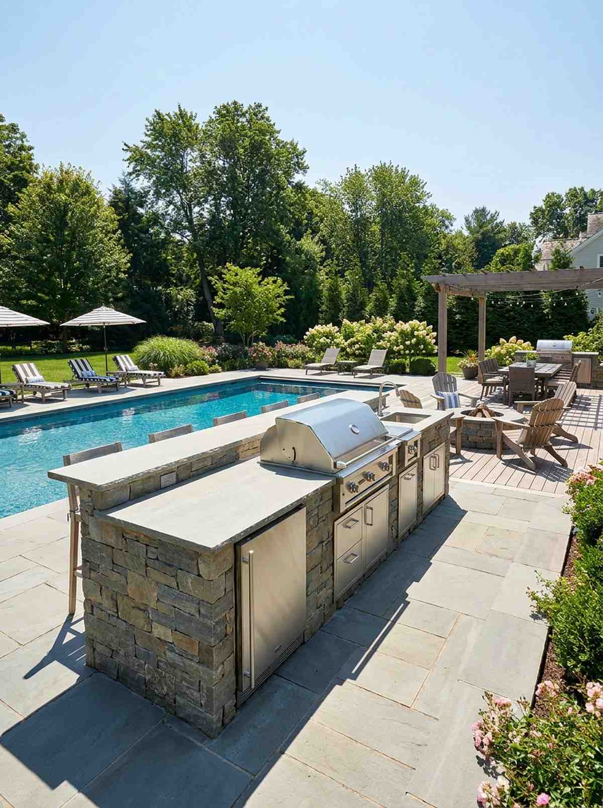 linear kitchen island parallel to pool edge