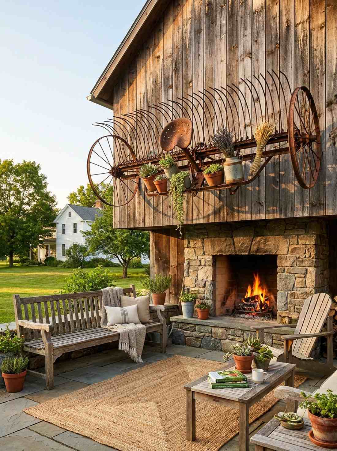rusty farm rake wall display