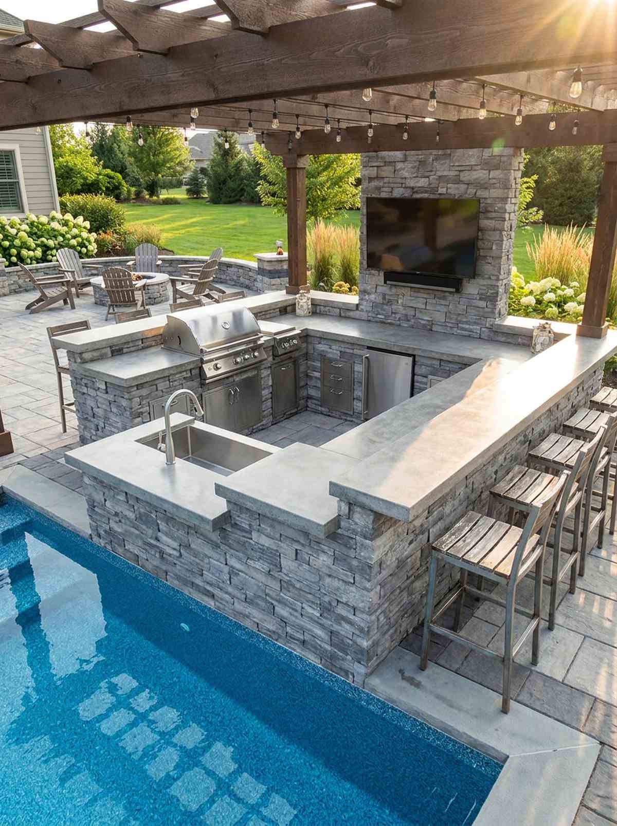 l shaped kitchen wrapping pool corner