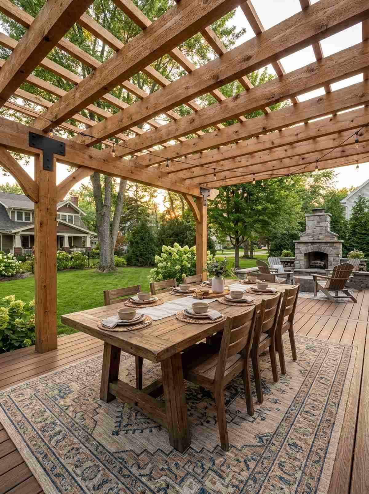 pergola covered outdoor dining area