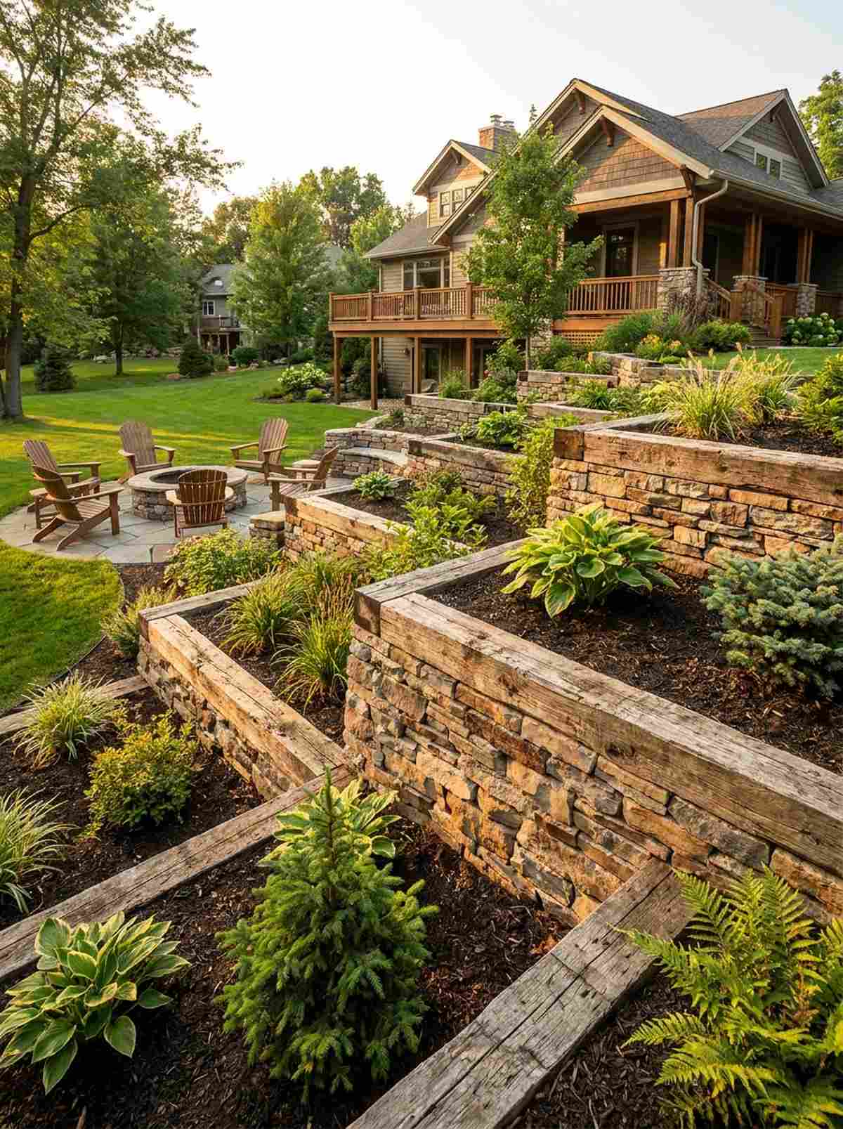 railroad tie and stone stepped beds