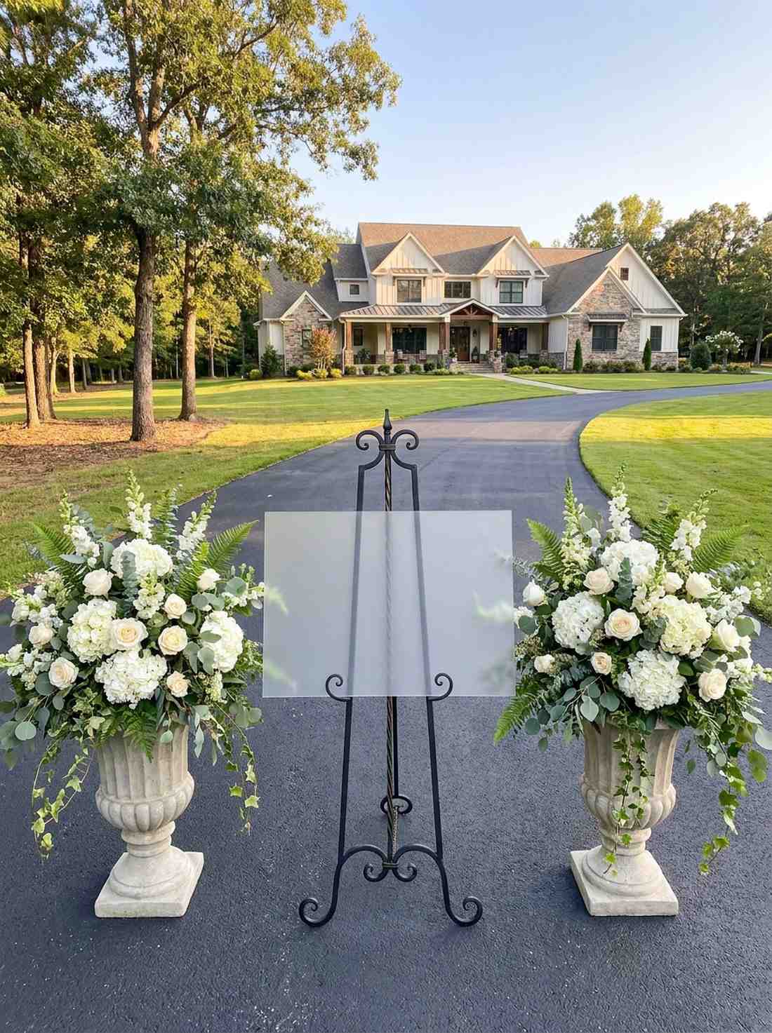 welcome entrance with floral installation and signage