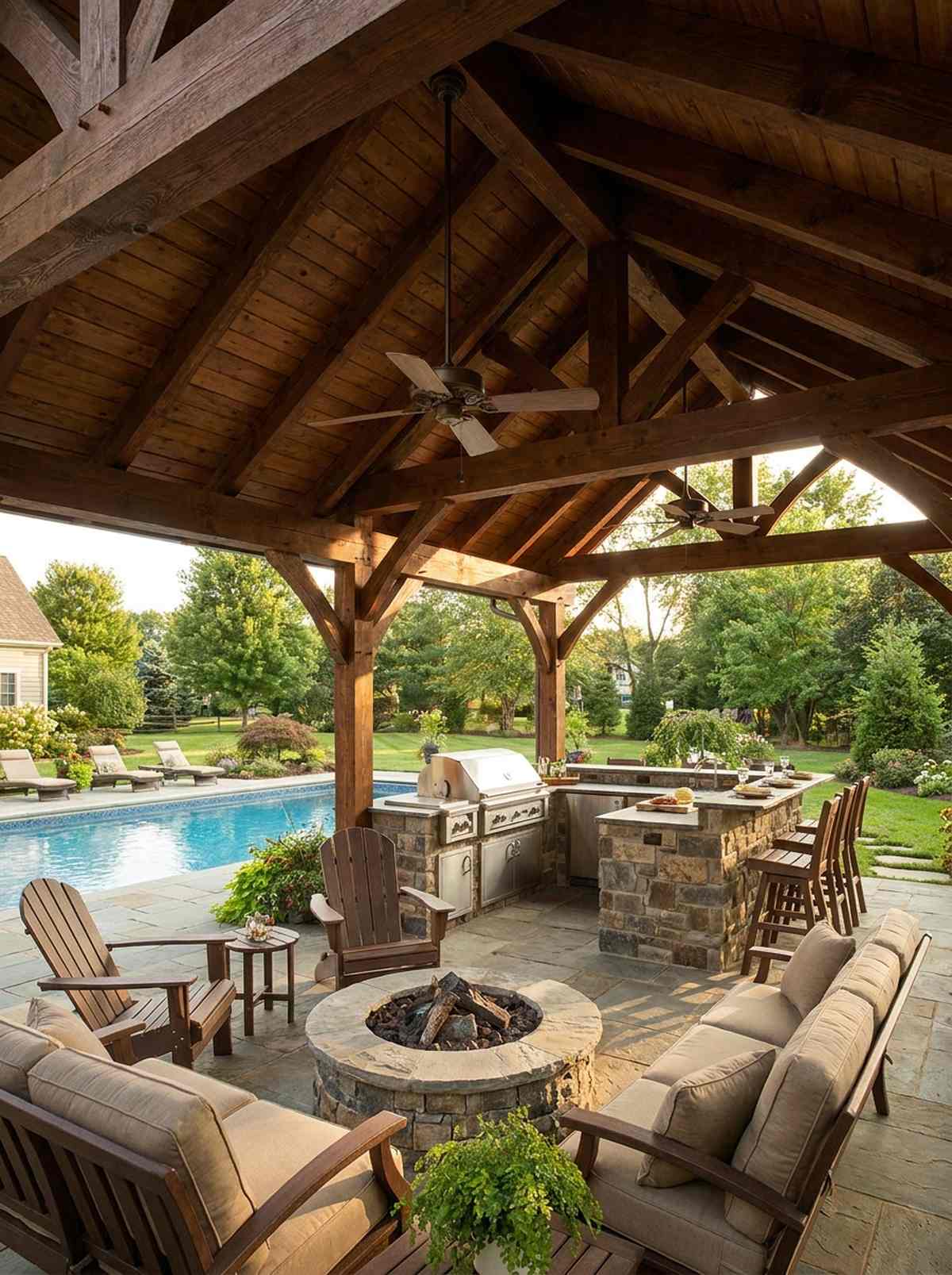 covered kitchen pavilion with pool view
