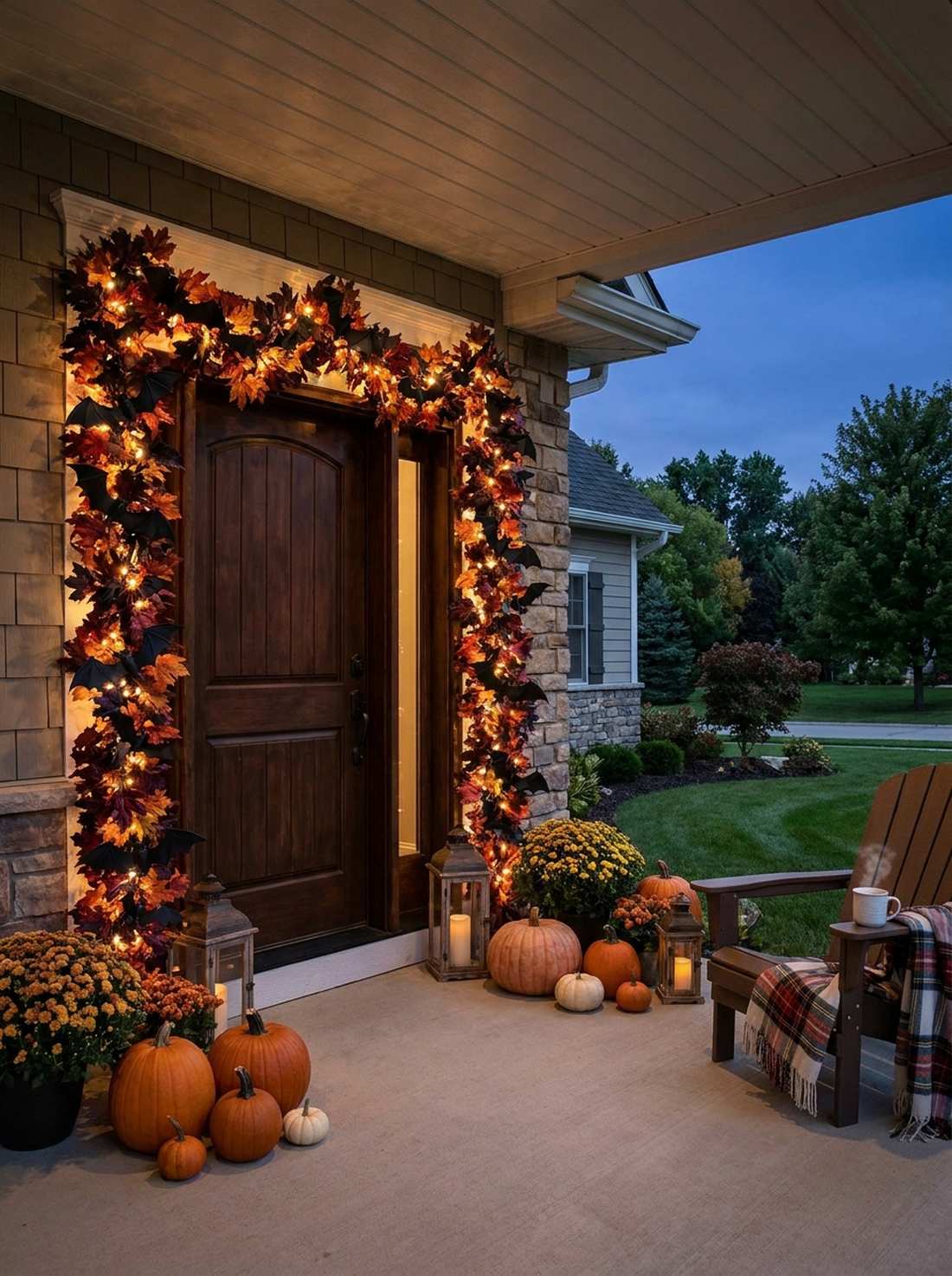 front door garland of bats and maple leaves