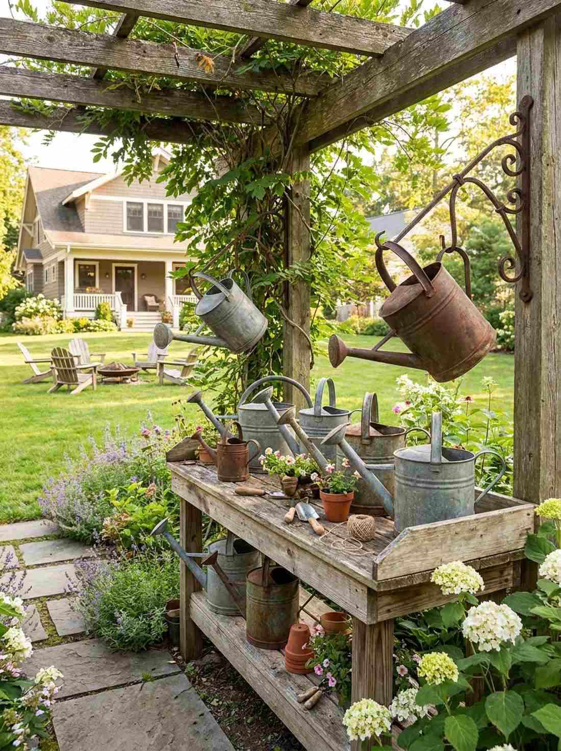 weathered metal watering cans