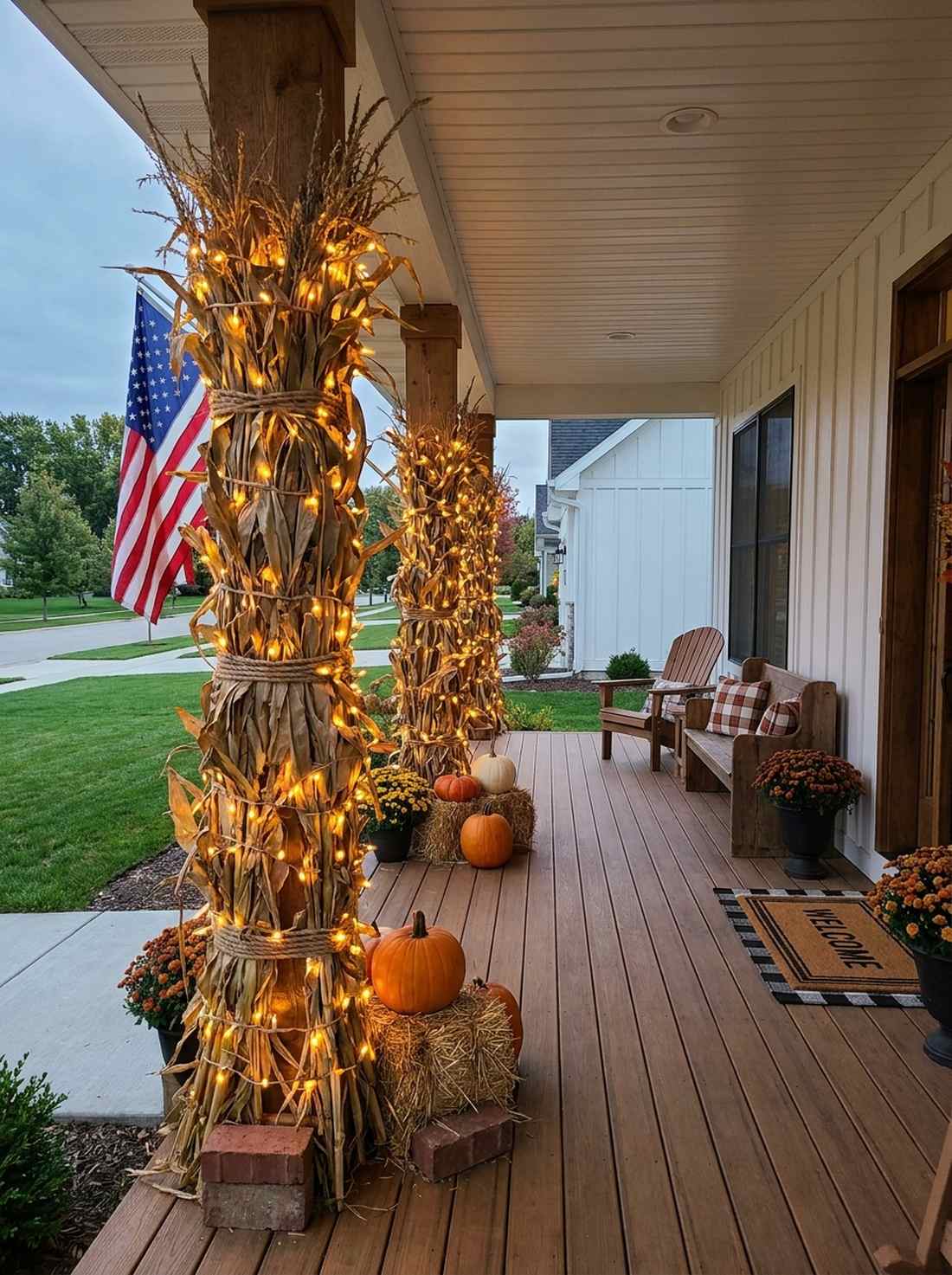 cornstalk columns with string lights