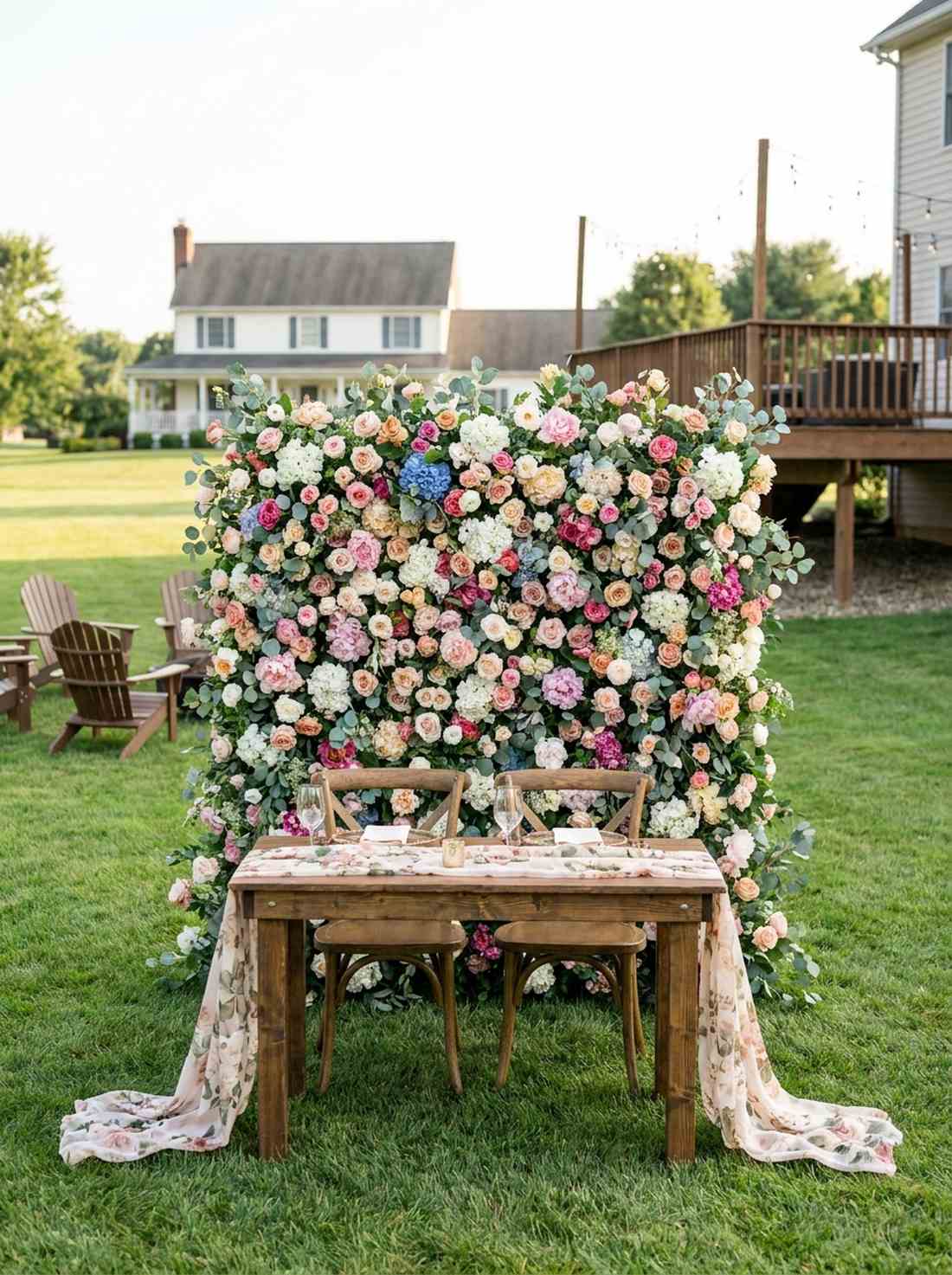 sweetheart table with oversized floral backdrop