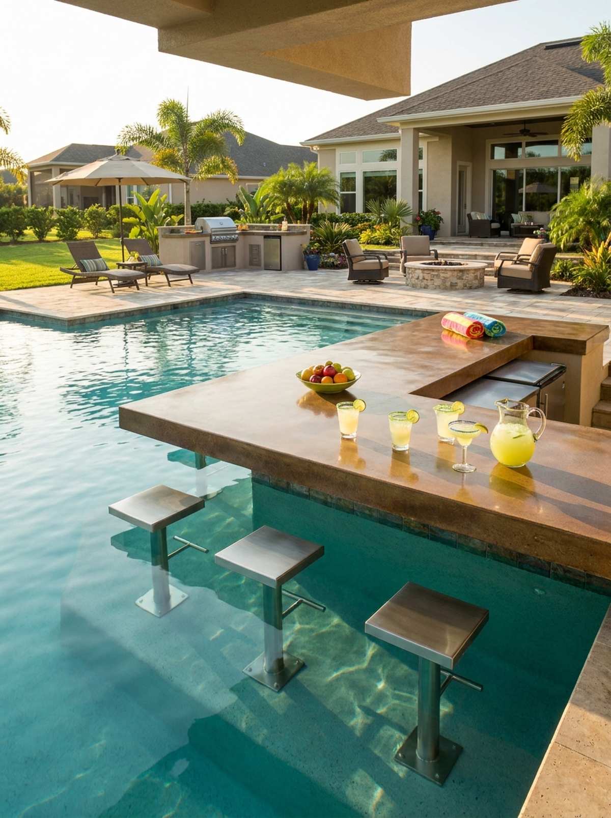 swim up bar with submerged seating