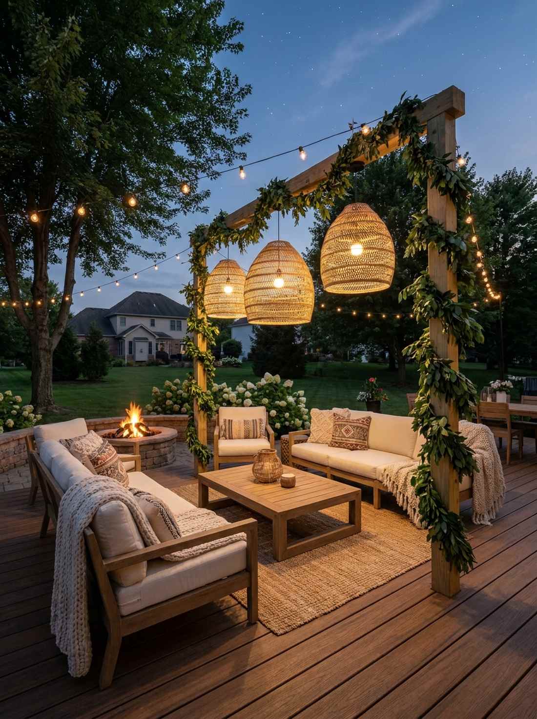 woven chandeliers on laurel posts