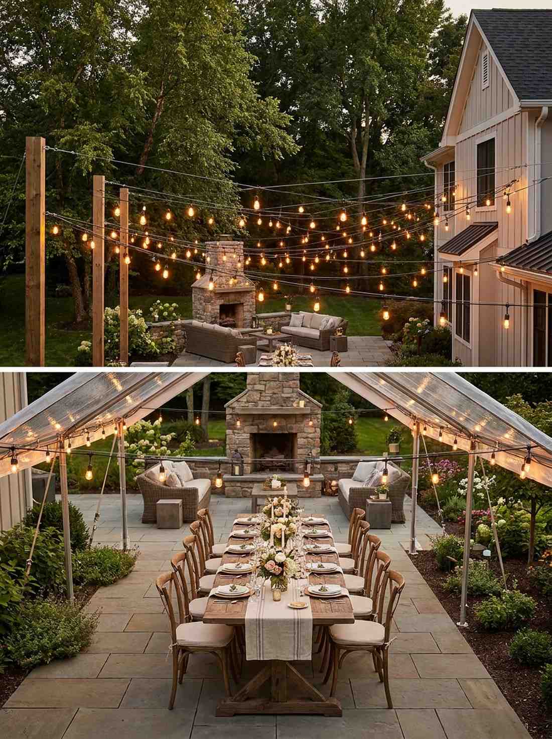 bistro lights strung across reception canopy