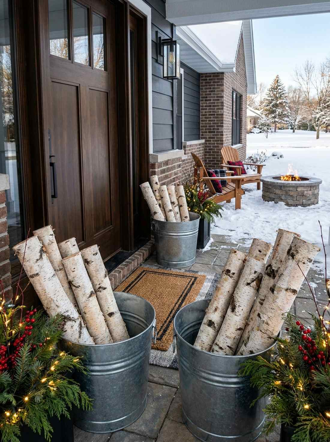 birch log bundles flanking entryways
