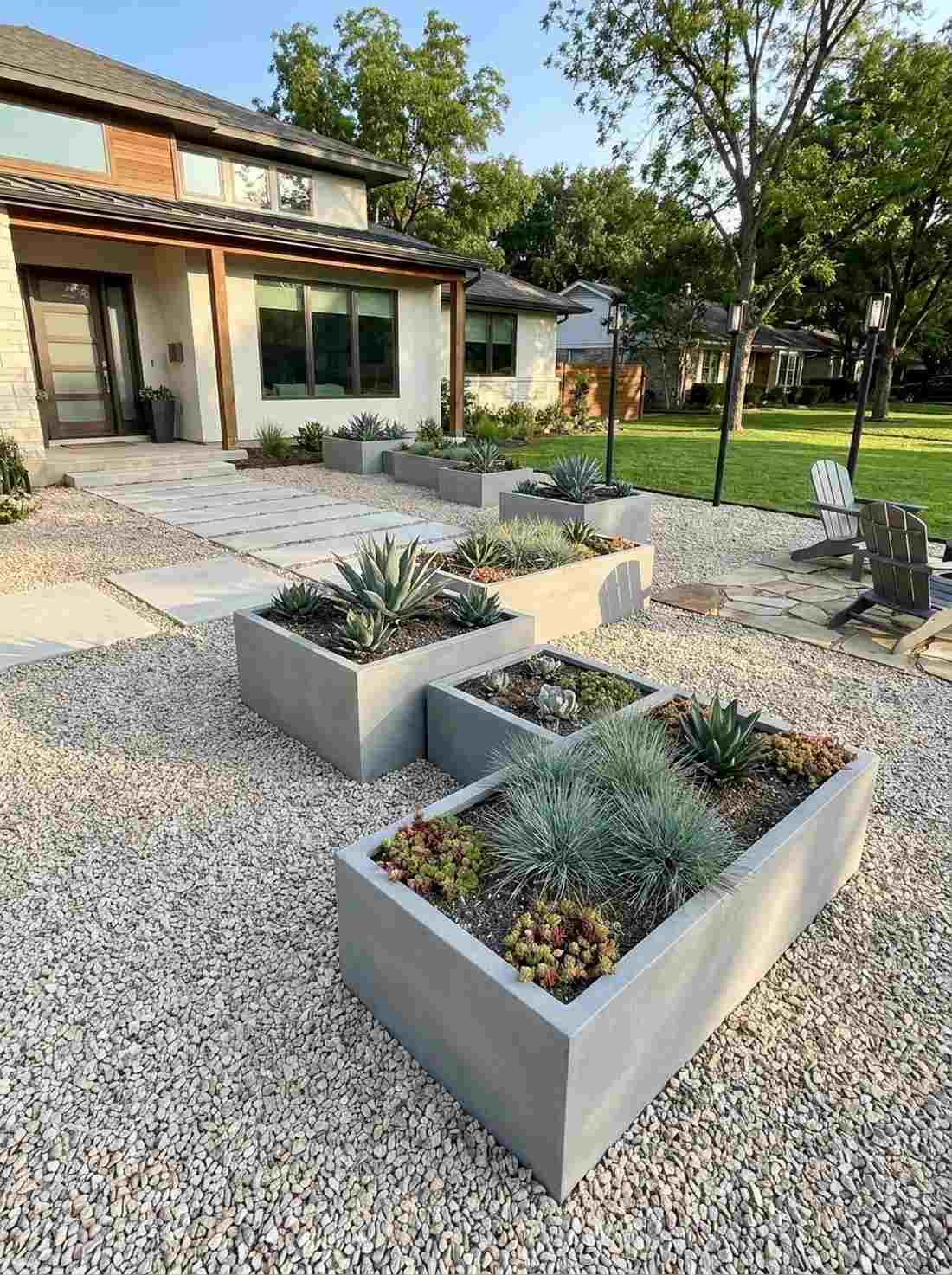 gravel entrance with floating beds
