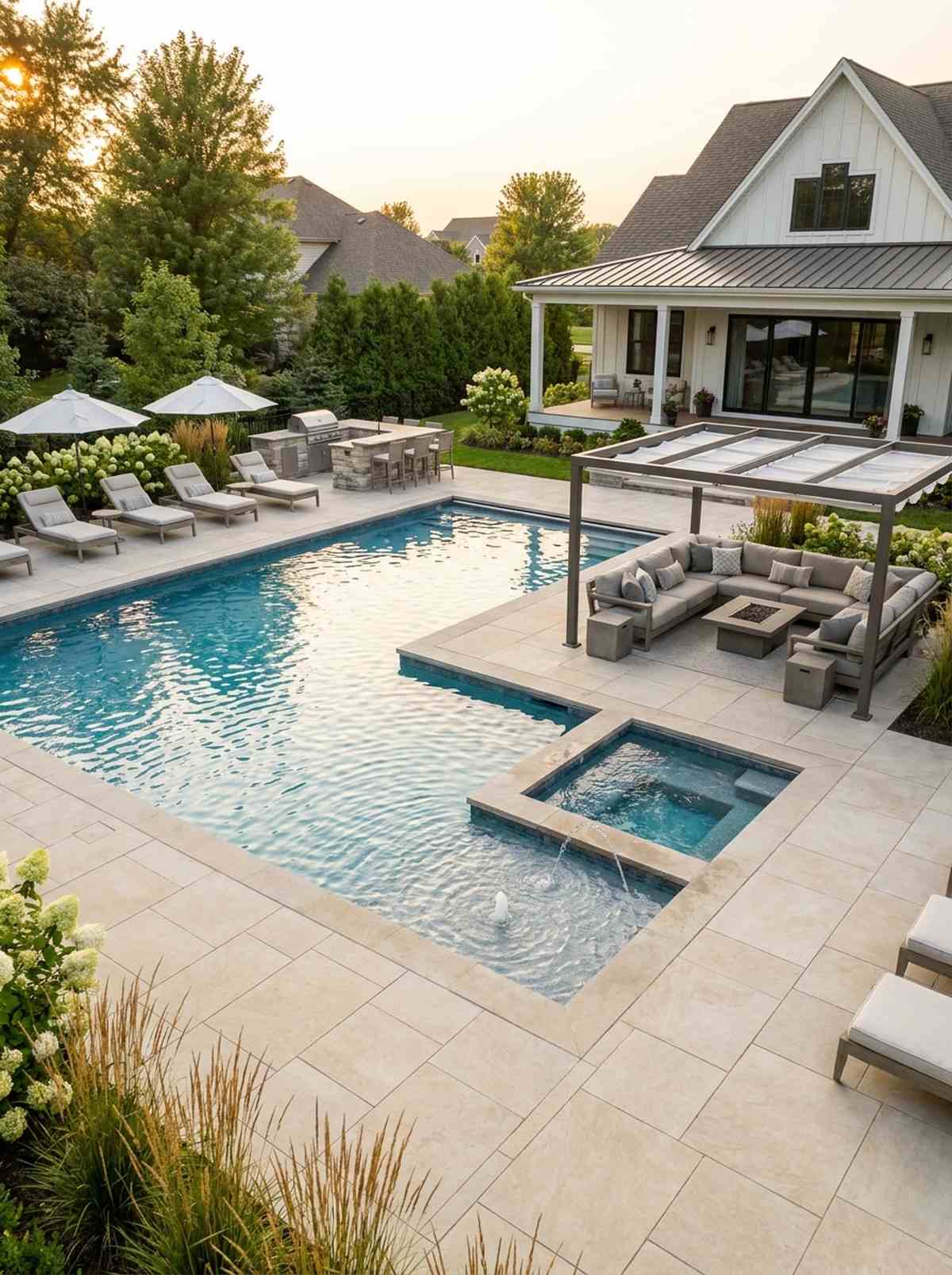 l shaped pool defining two patio zones
