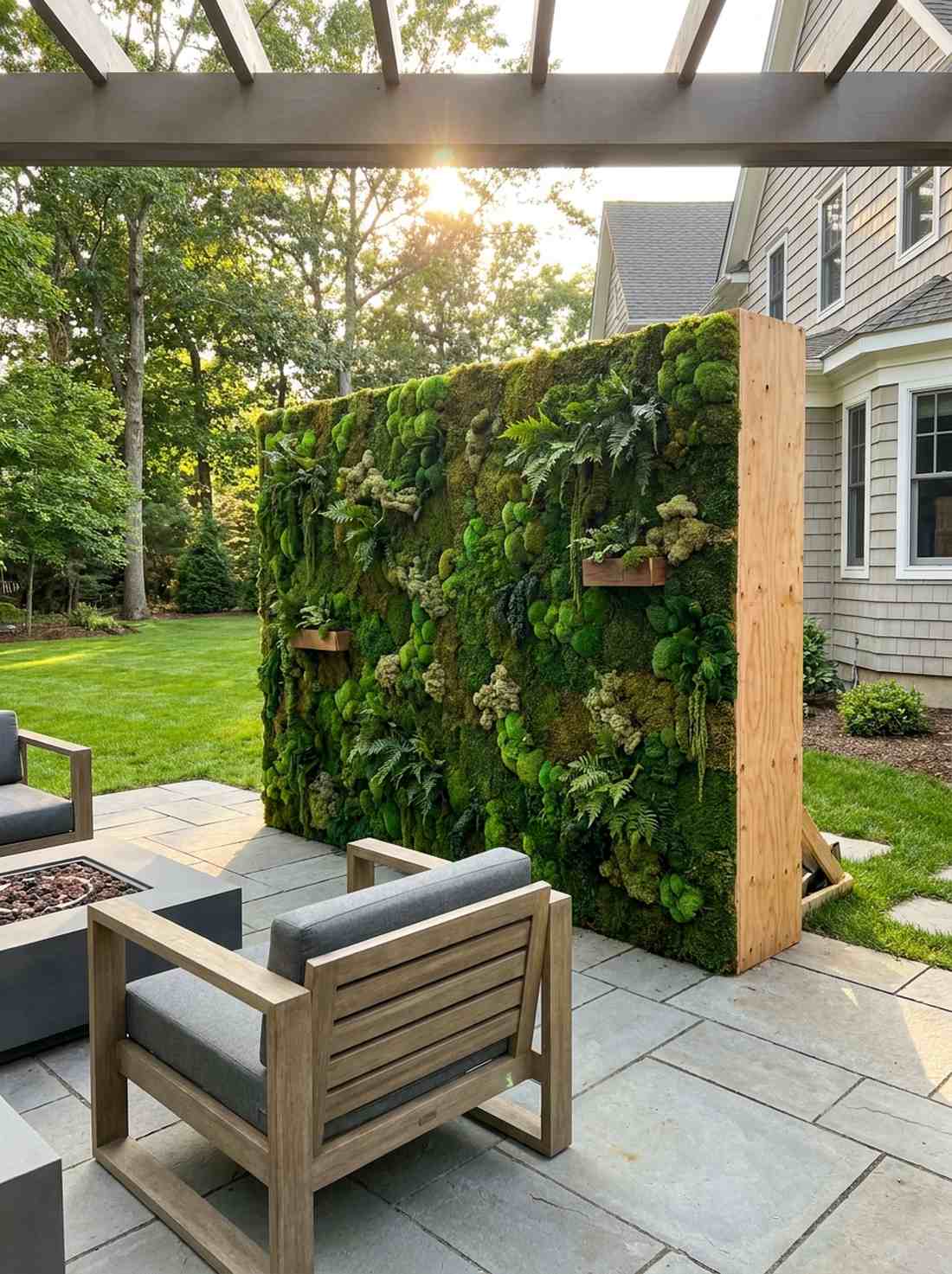 moss garden backdrop with modern accents