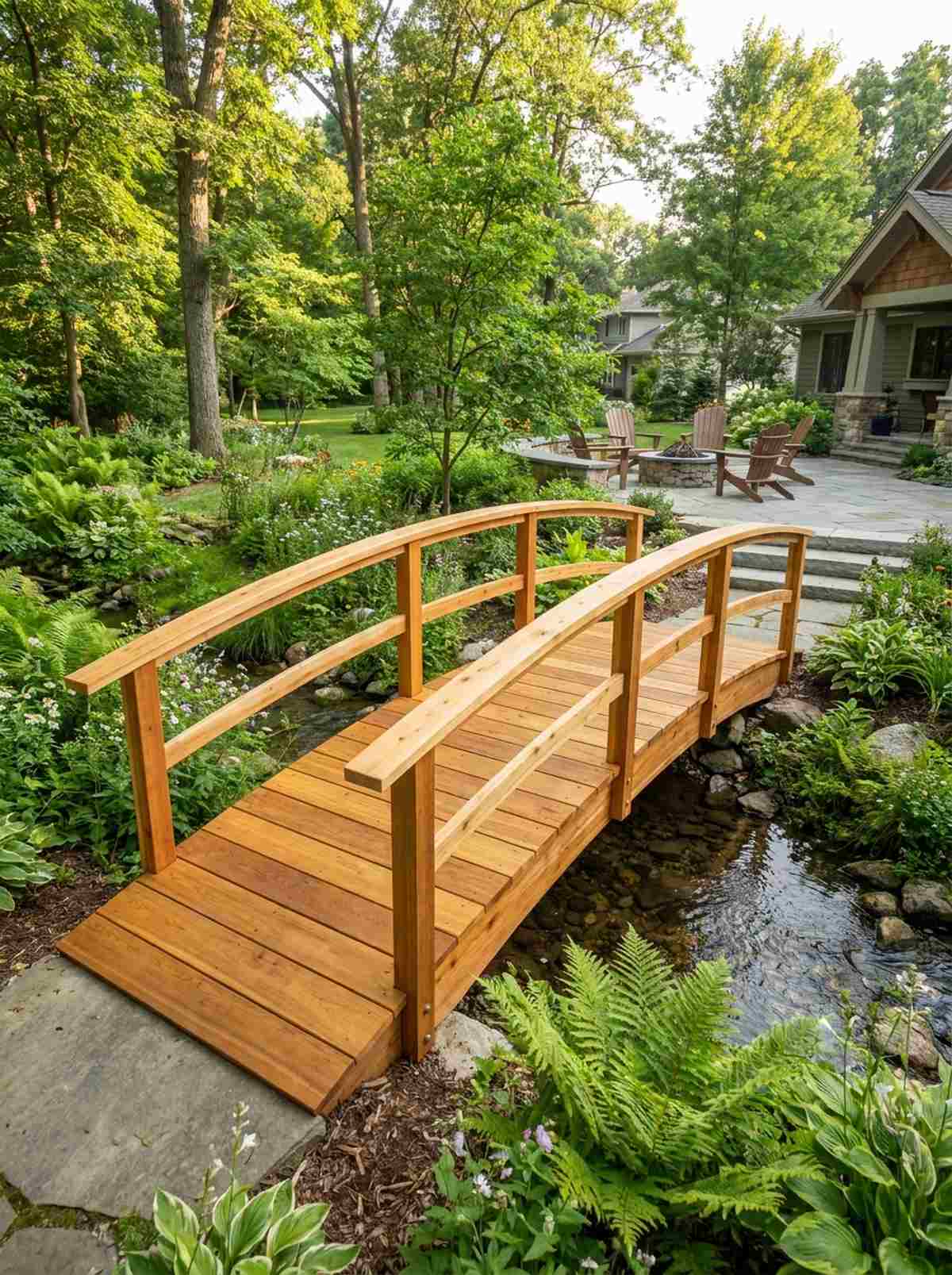 natural wood arched bridge with railings