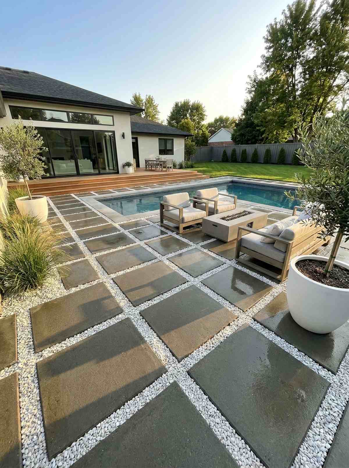 square concrete pavers with white pea gravel