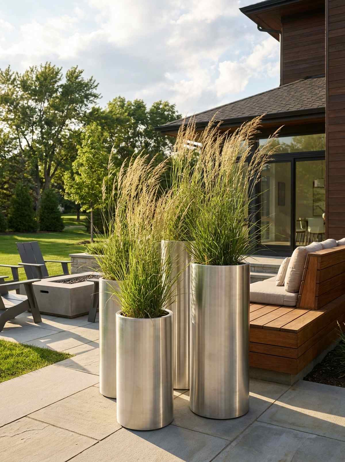 tall cylinder planters with ornamental grasses