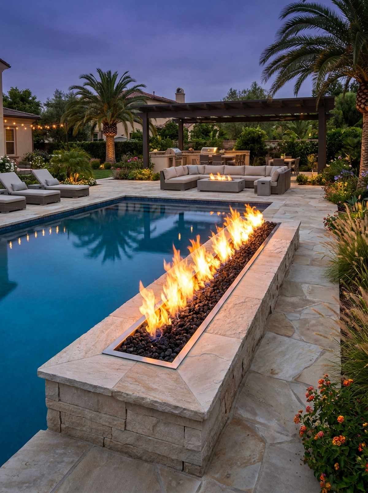linear fire trough along pool perimeter