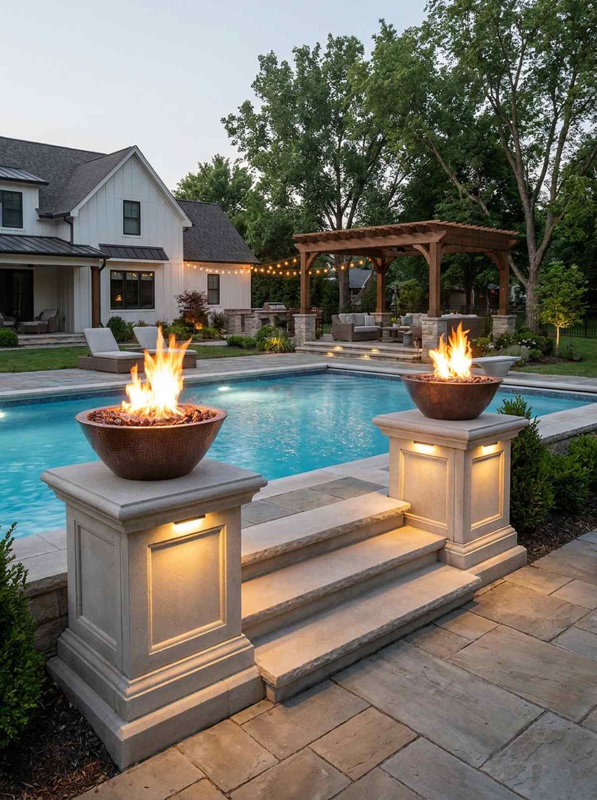 fire bowls on raised columns flanking entry