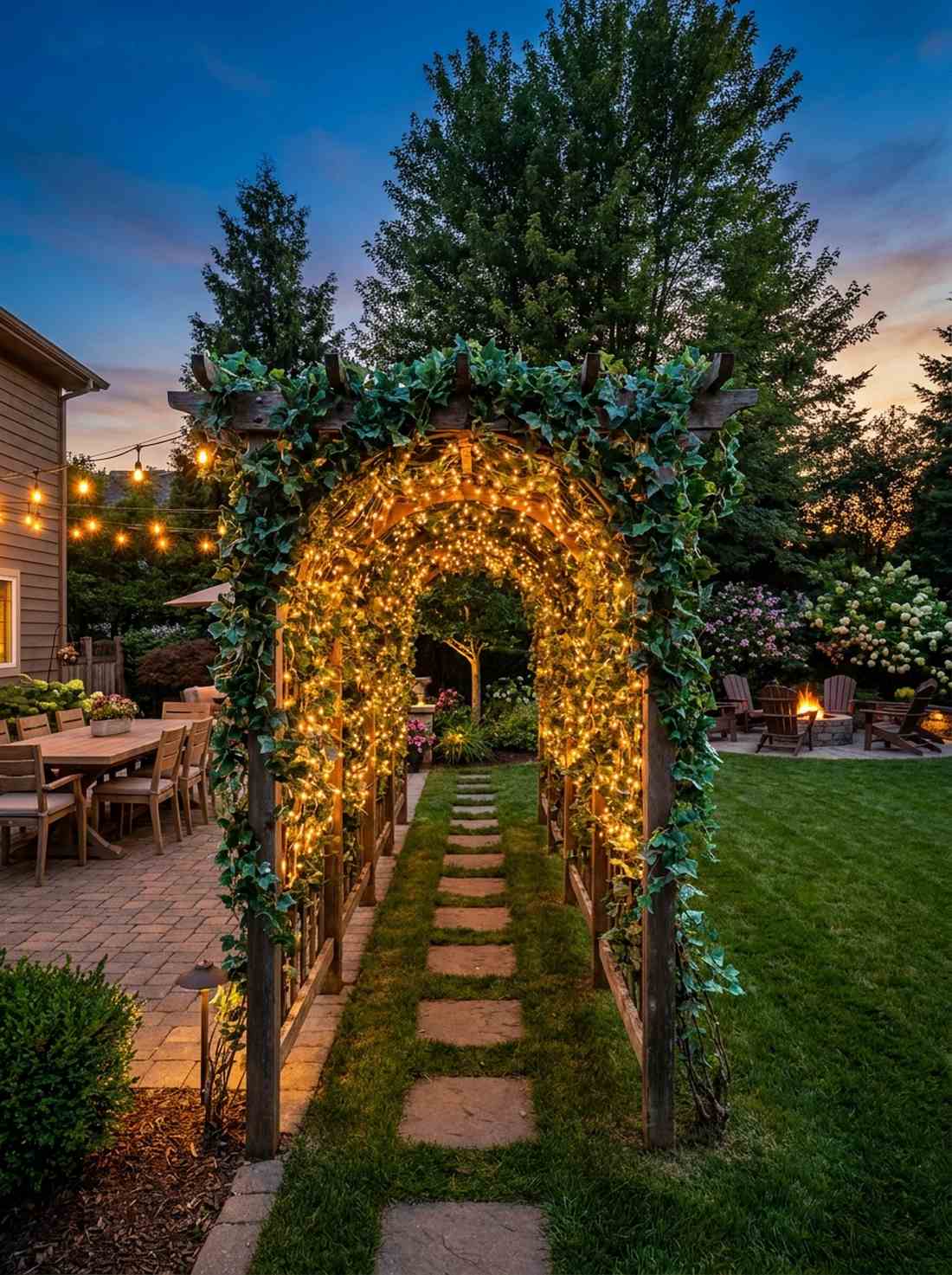 low arbor with integrated string lights
