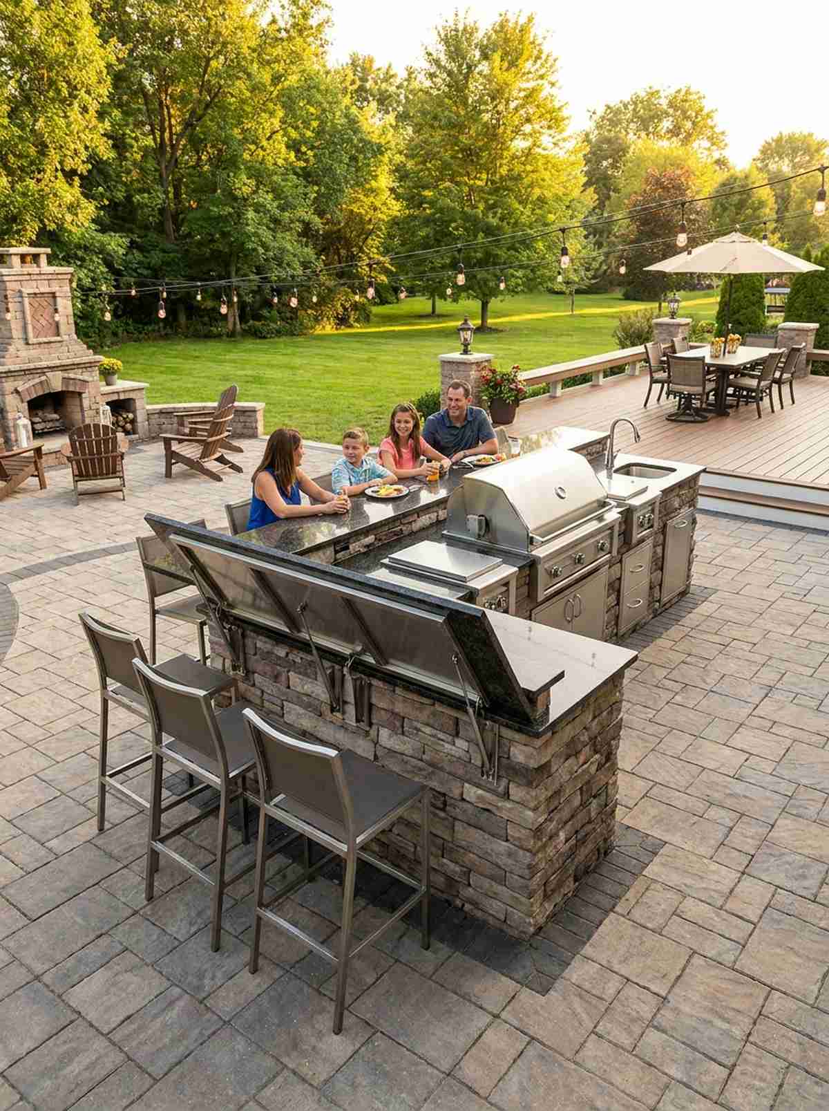 outdoor kitchen peninsula with flip up counter