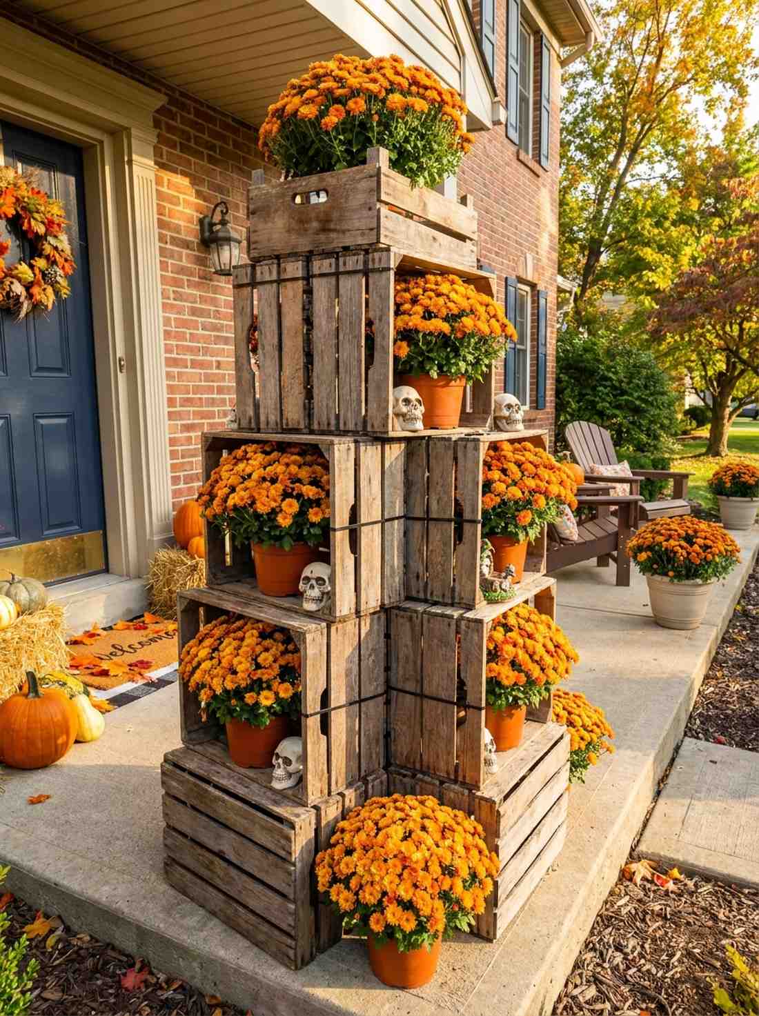 recycled crate display for potted mums