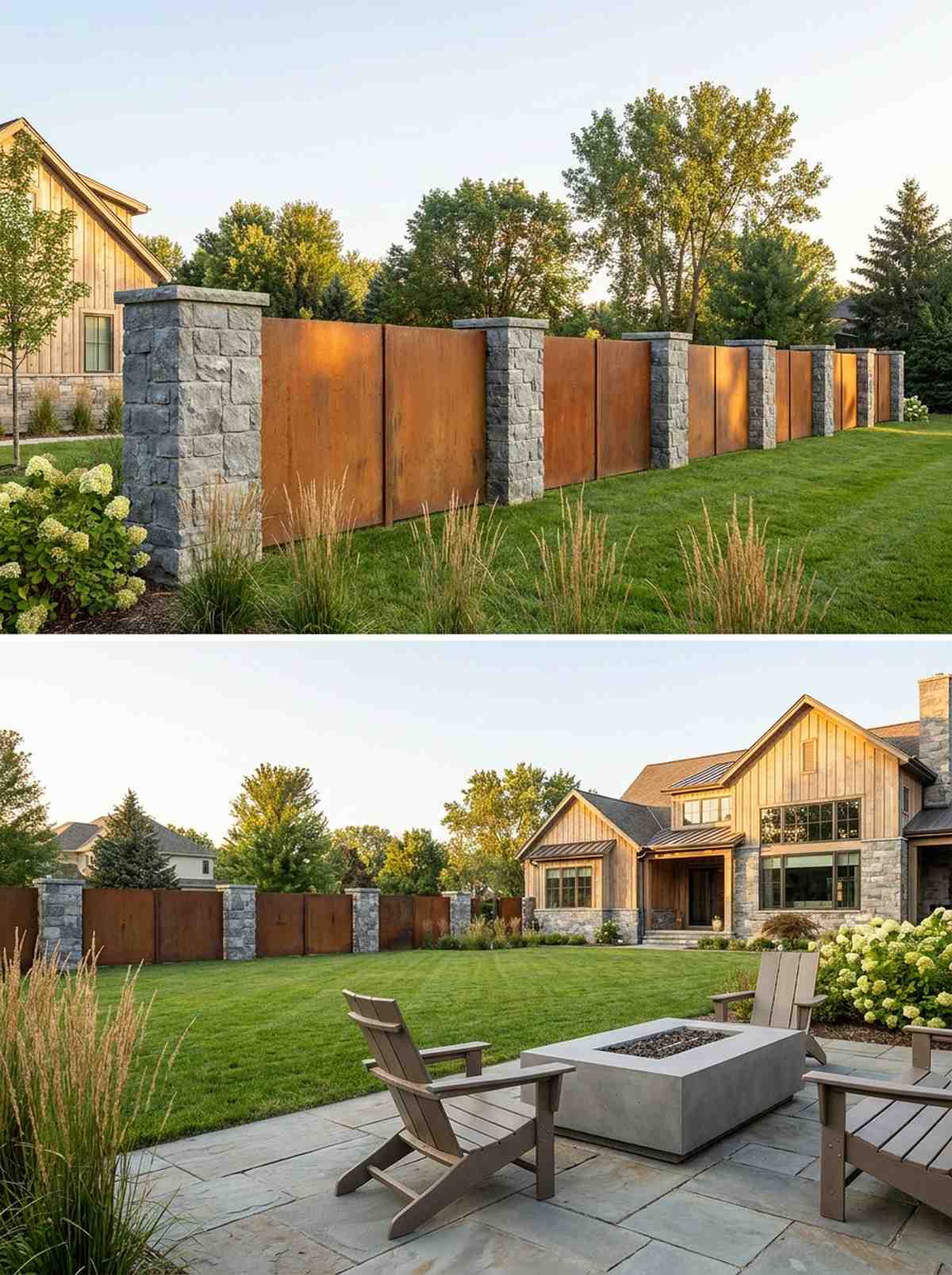 stone wall with metal panel inserts