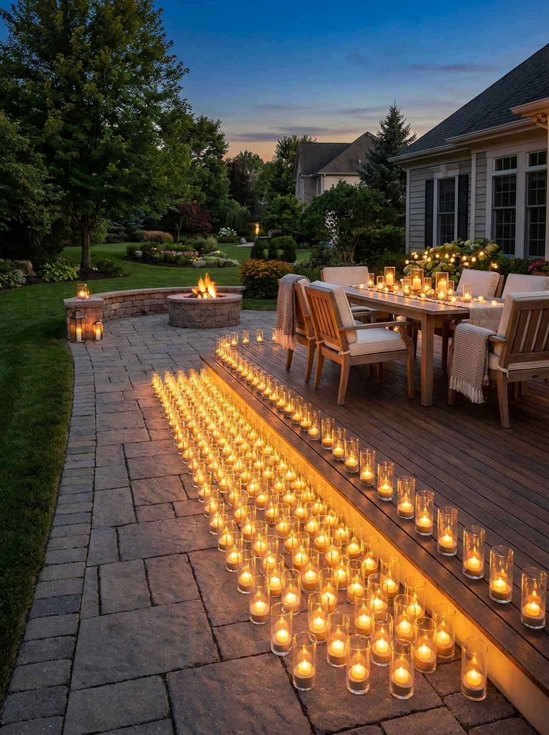candle votives lining walkways and table edges