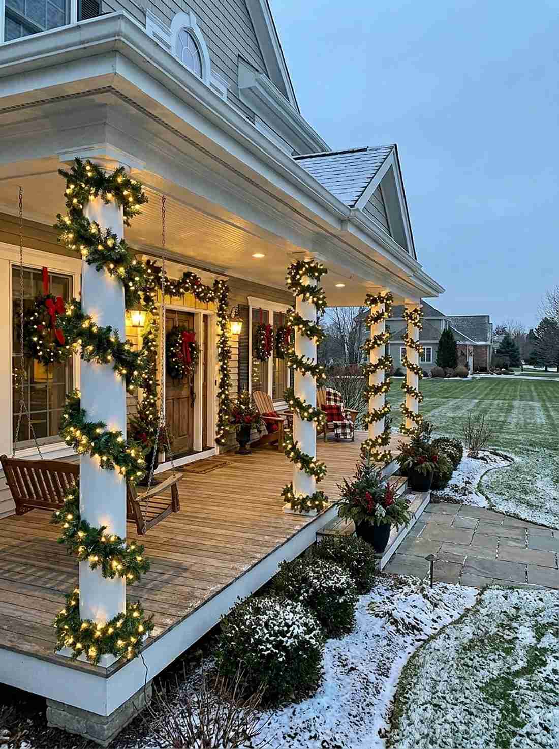 garland wrapped porch columns
