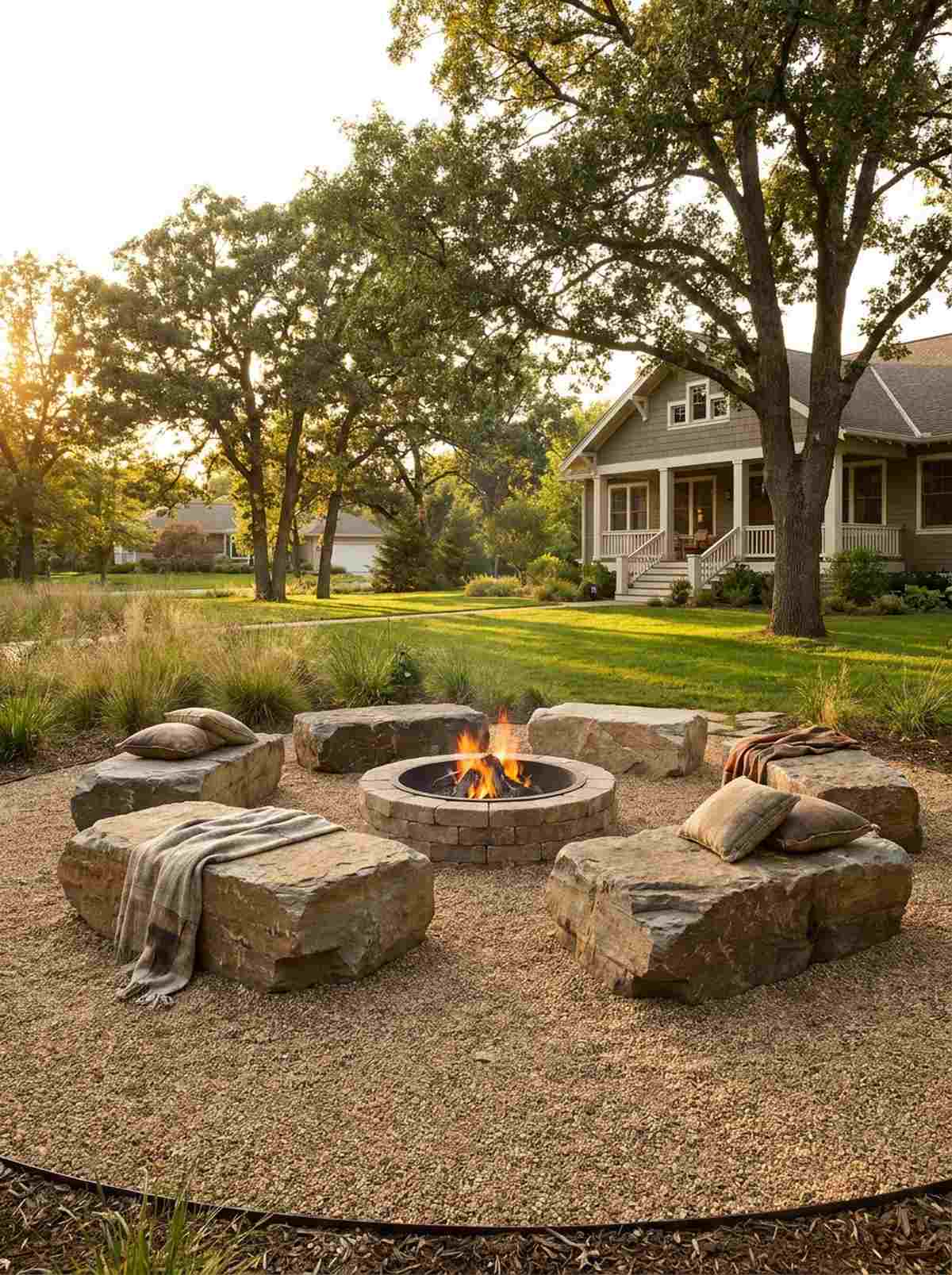 gravel patio with boulder seating