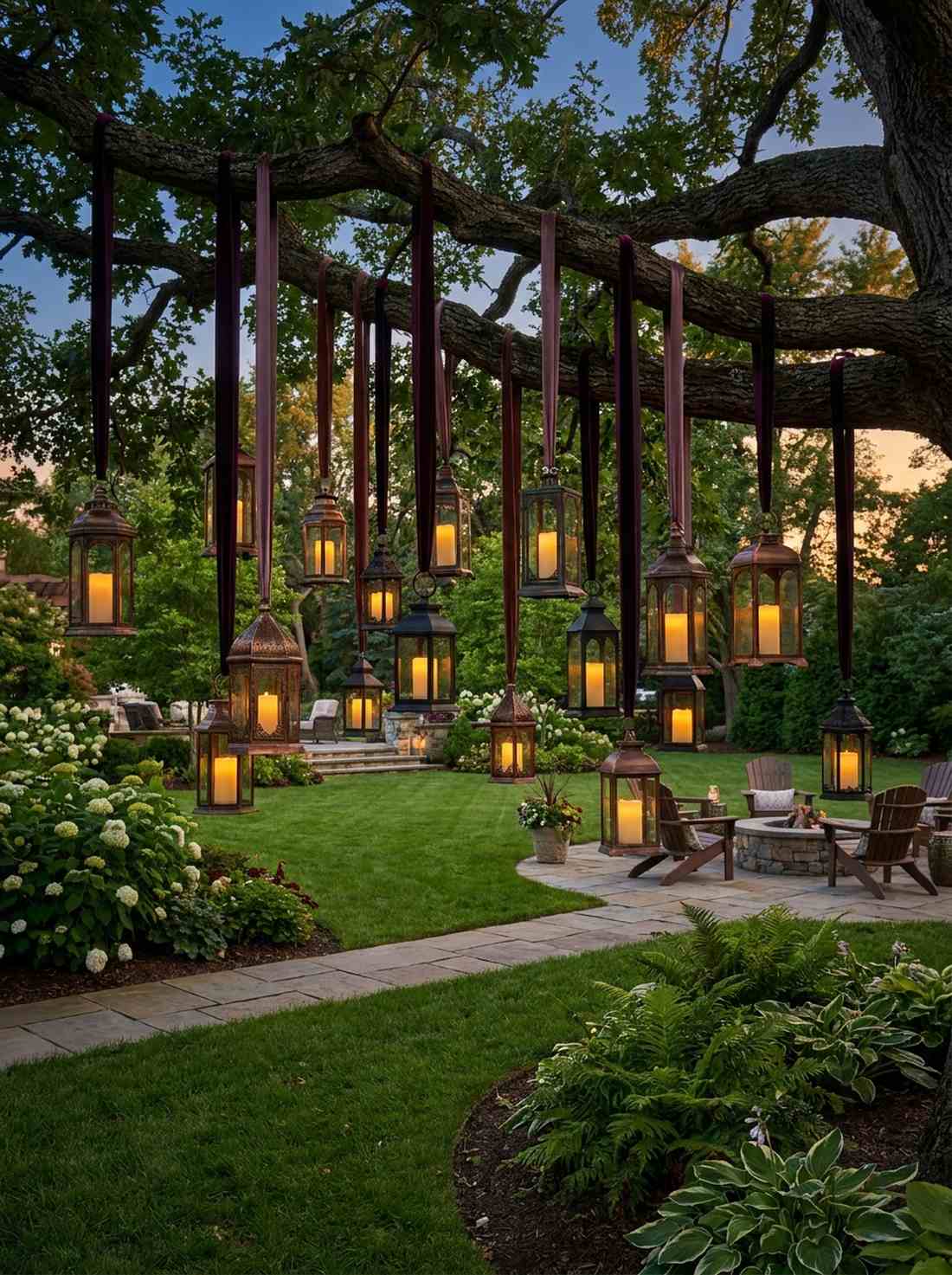 lanterns suspended from tree limbs