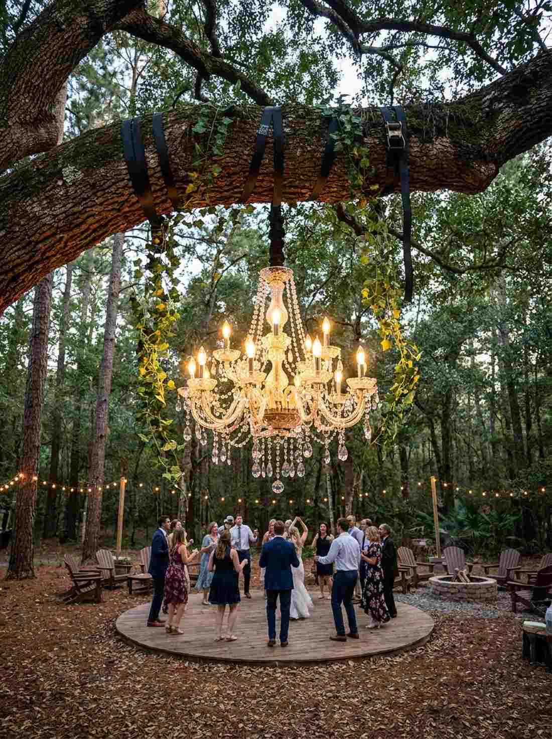 chandelier suspended above dance floor